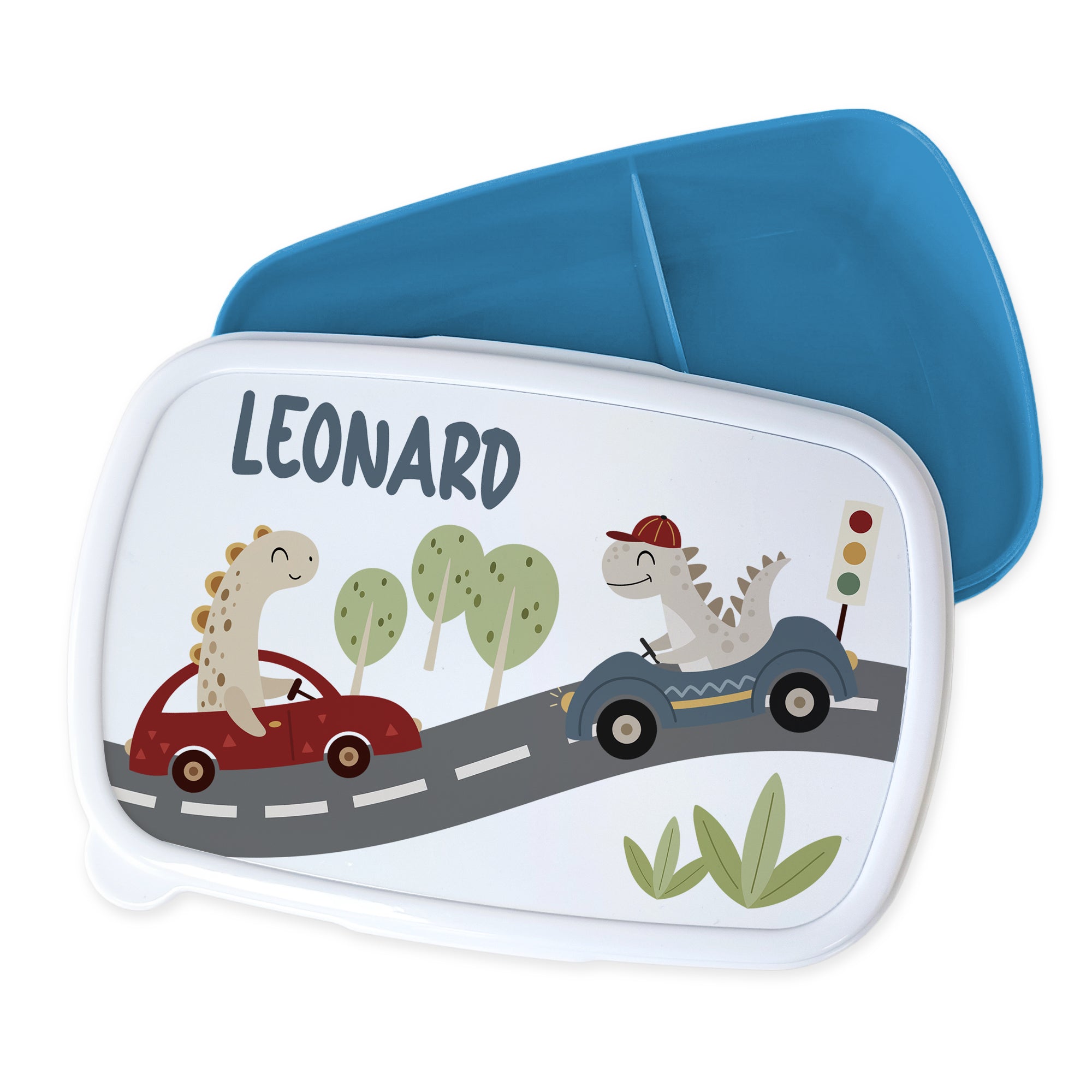 Lunchbox mit Dinosauriern, rot und blau, personalisiert mit "LEONARD".