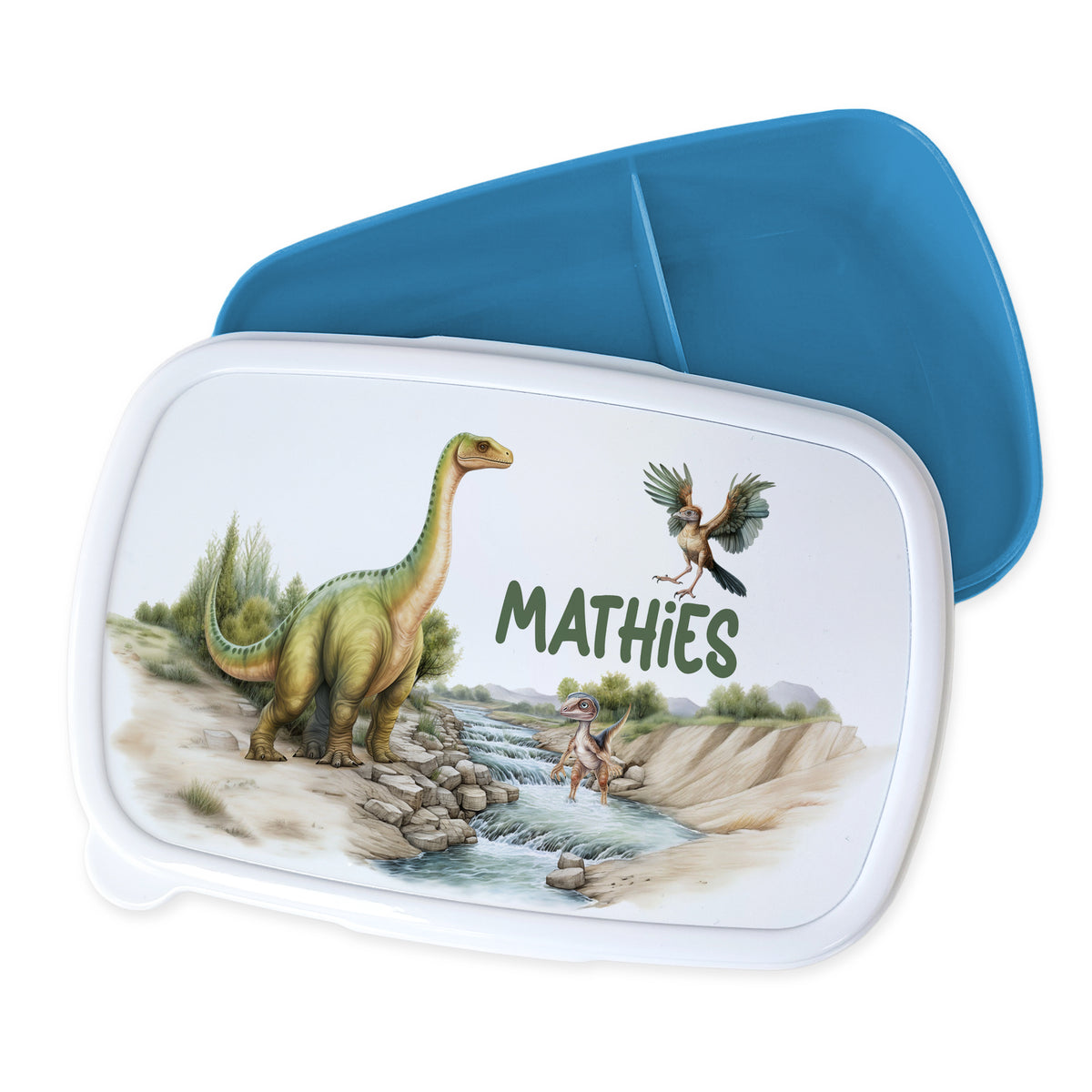 Lunchbox mit Dinosaurier-Motiv und blauem Deckel.