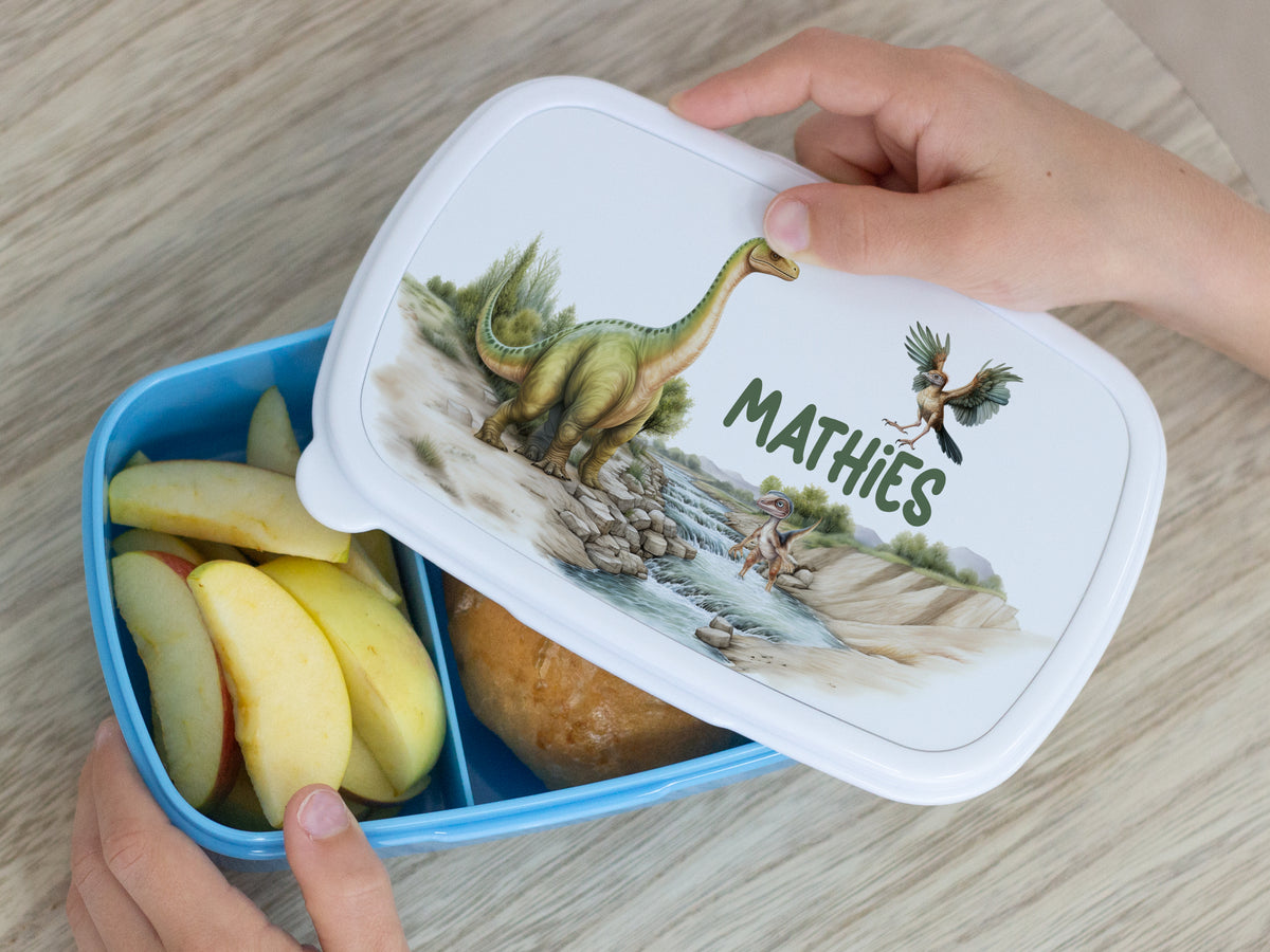 Blaue Brotdose mit Dinosaurier-Motiv und Äpfeln.