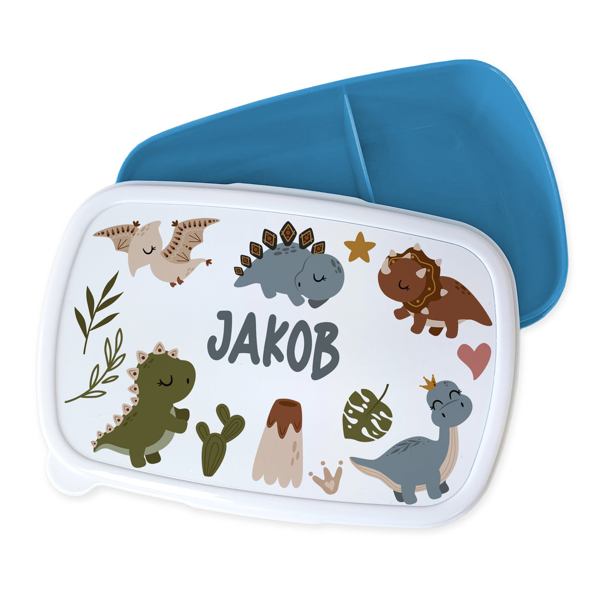 Lunchbox mit Dinosaurier-Motiven und blauem Deckel.