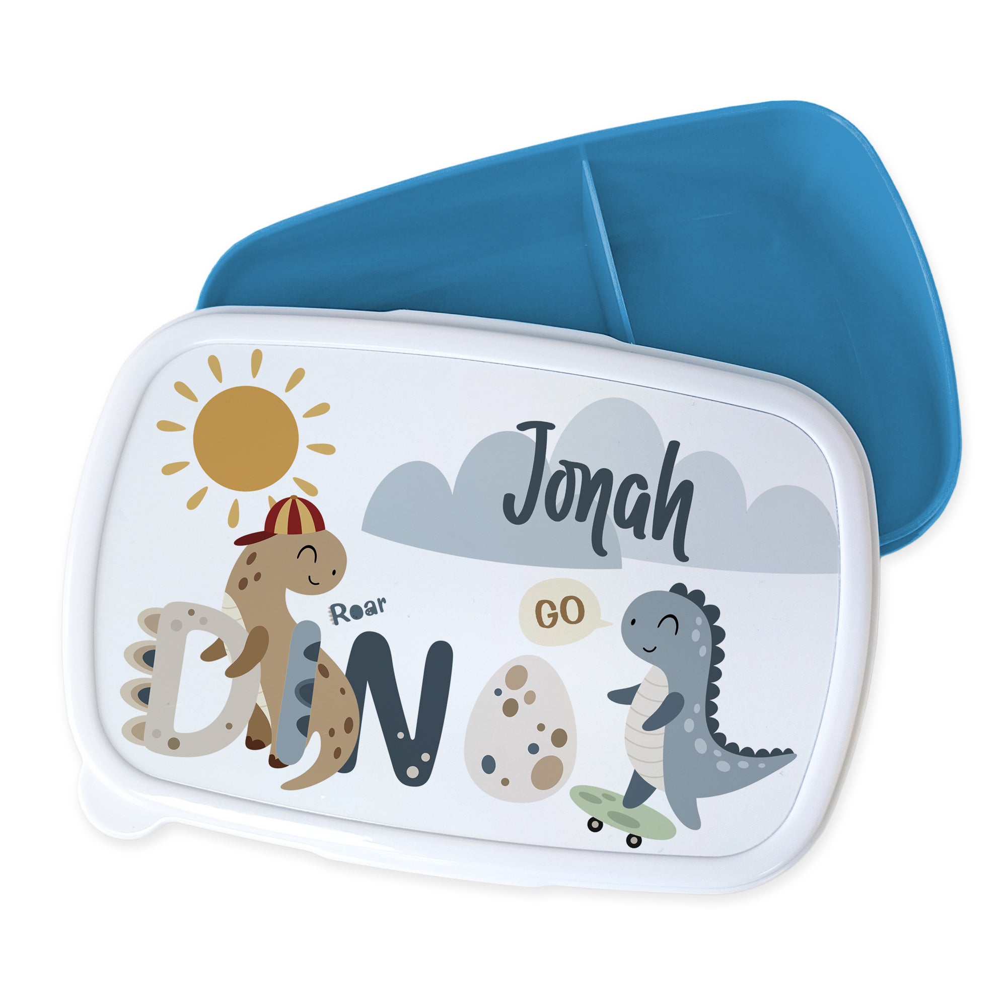 Bento-Box mit Dinosaurier-Motiv und blauer Innenseite.