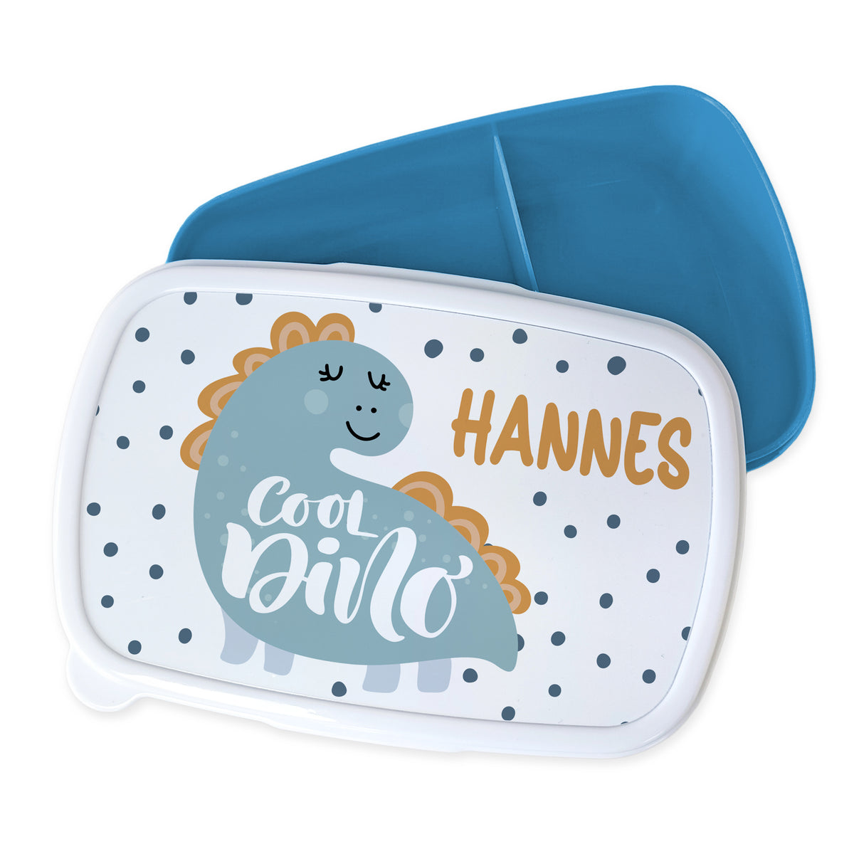 Bento-Box mit Dino-Motiv, blau und weiß, personalisiert.