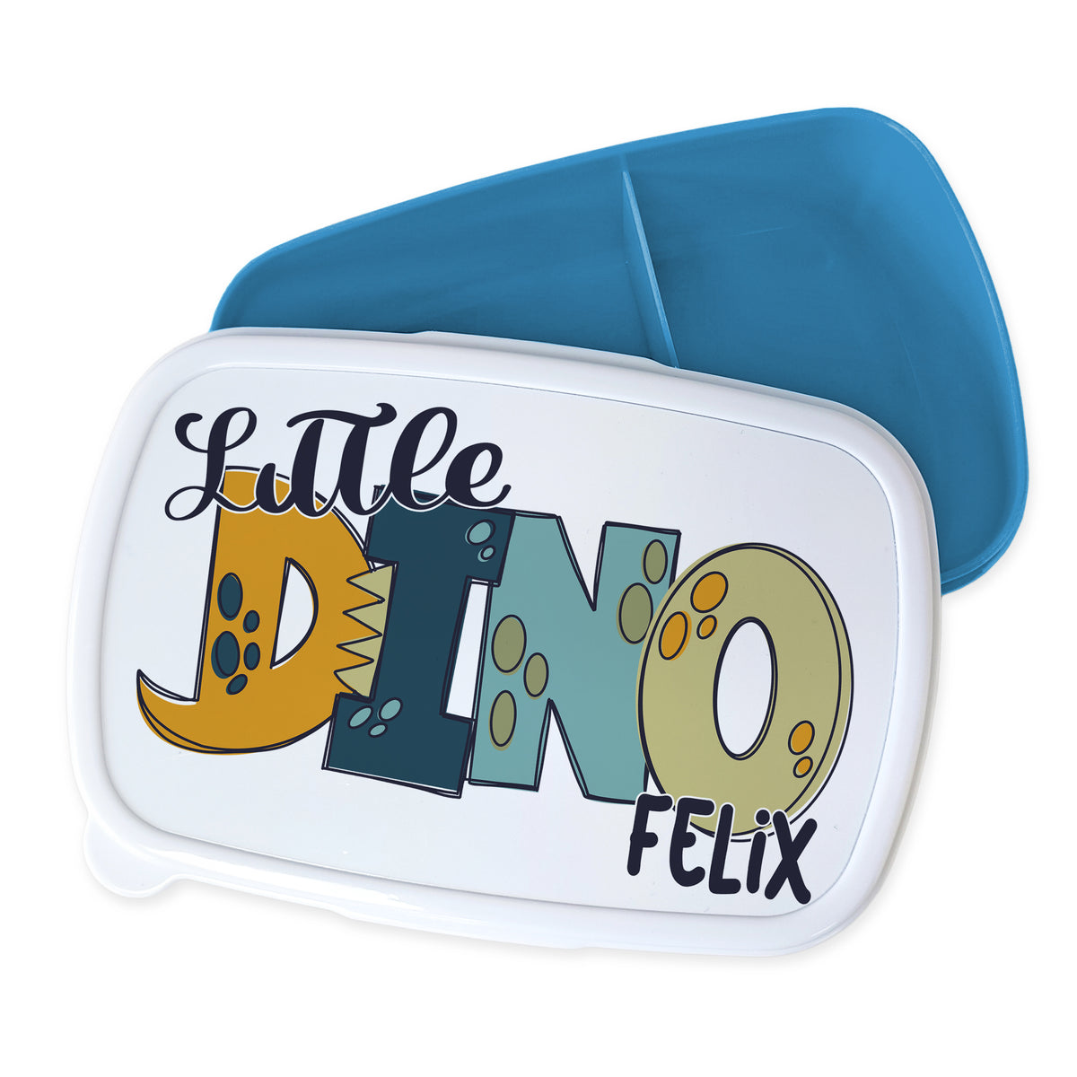Lunchbox mit Dino-Design, blau und weiß, personalisiert für Felix.