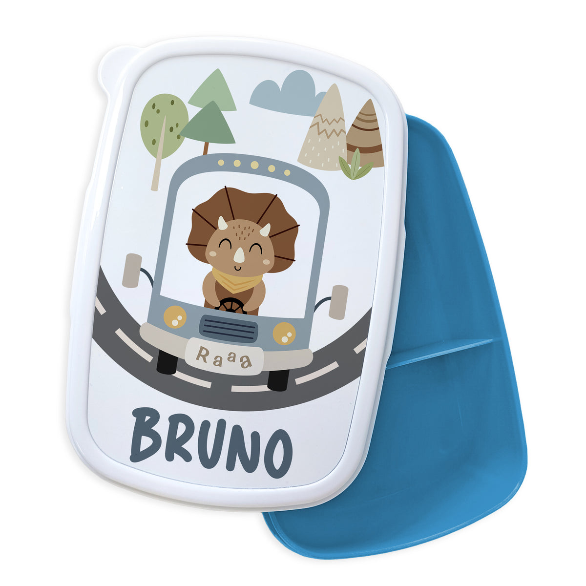 Bento-Box mit Dinosaurier-Motiv, blau und weiß.