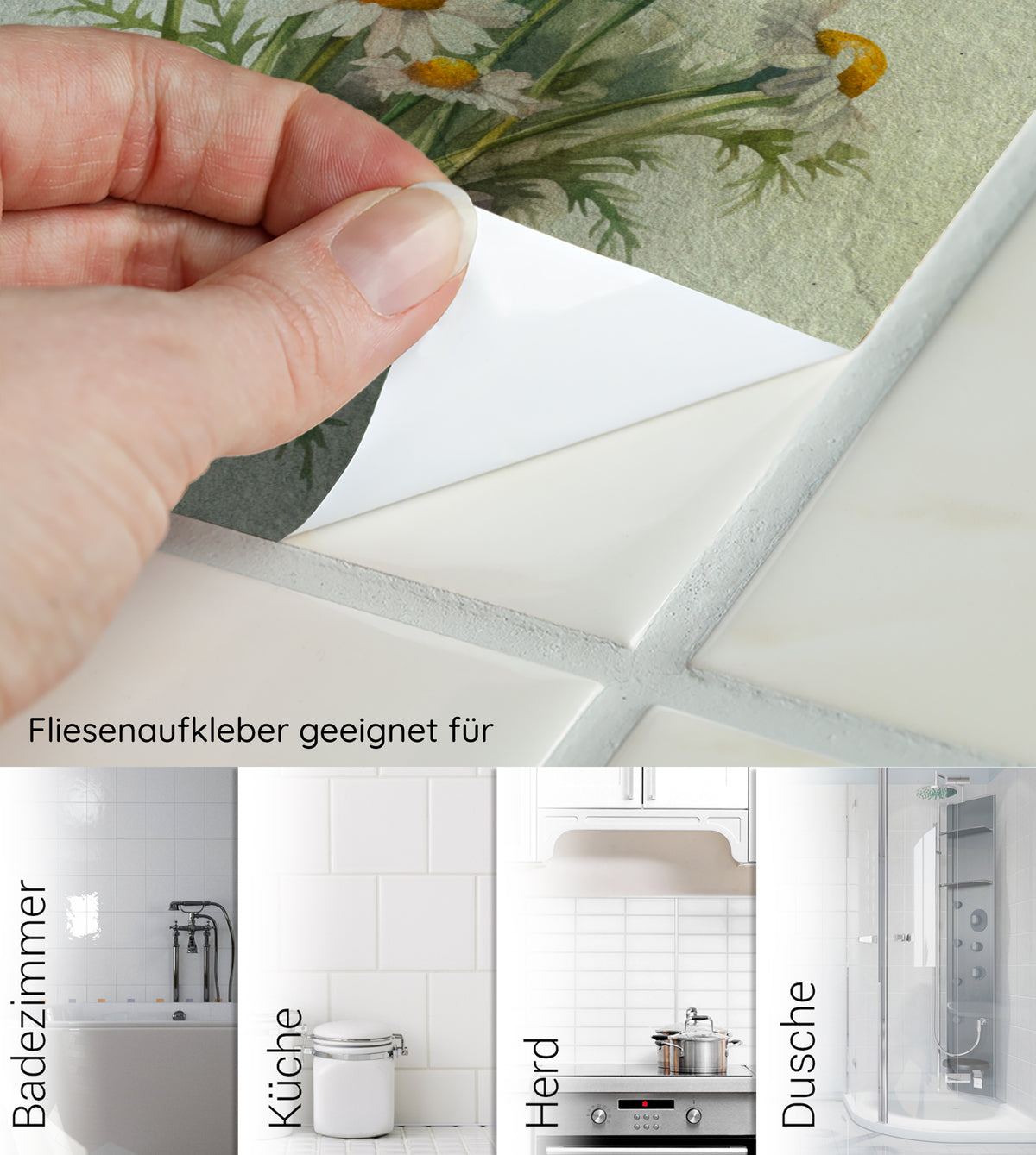 Fliesenaufkleber mit Blumenmotiv für Badezimmer und Küche.