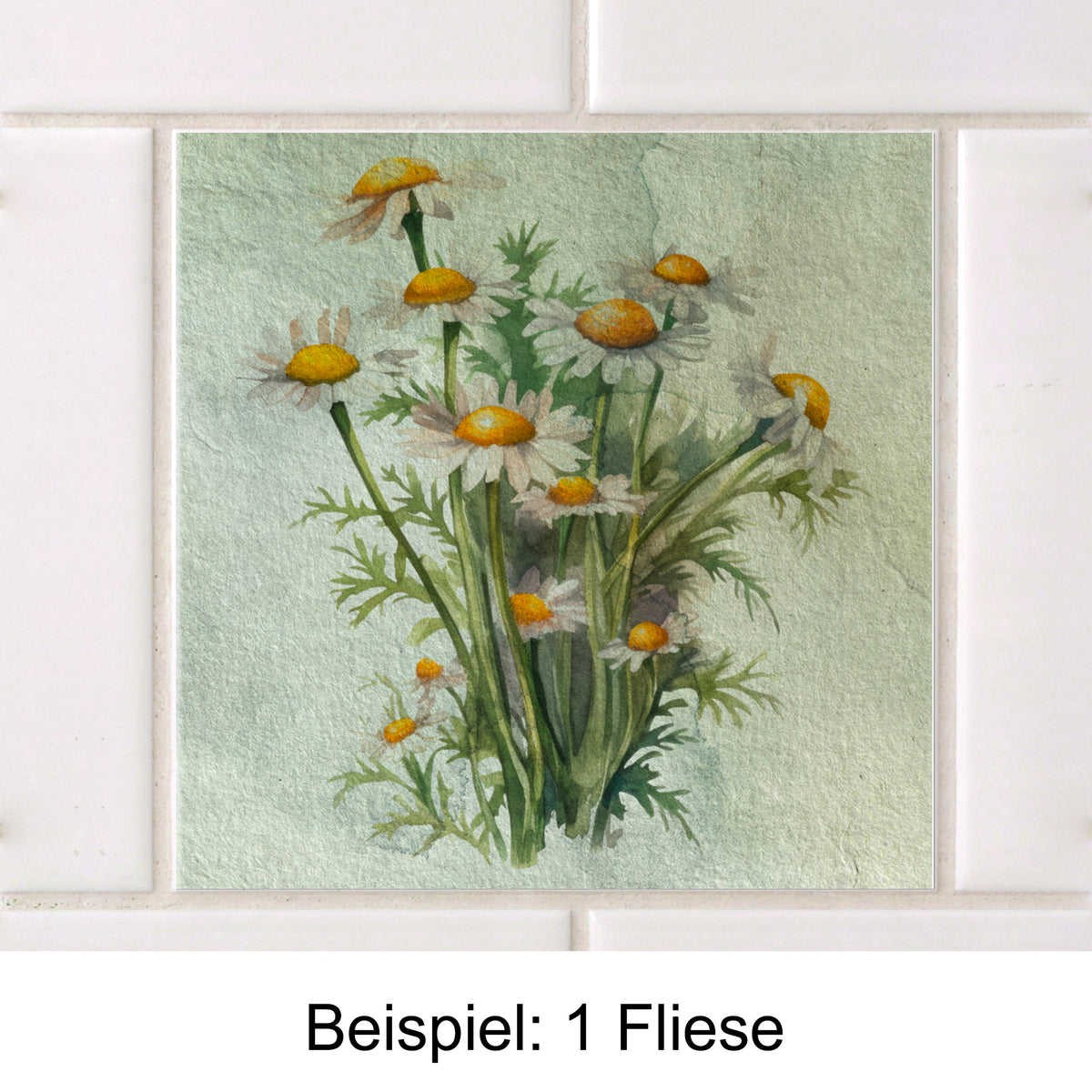 Fliese mit gelben und weißen Kamille-Blumenmotiv.