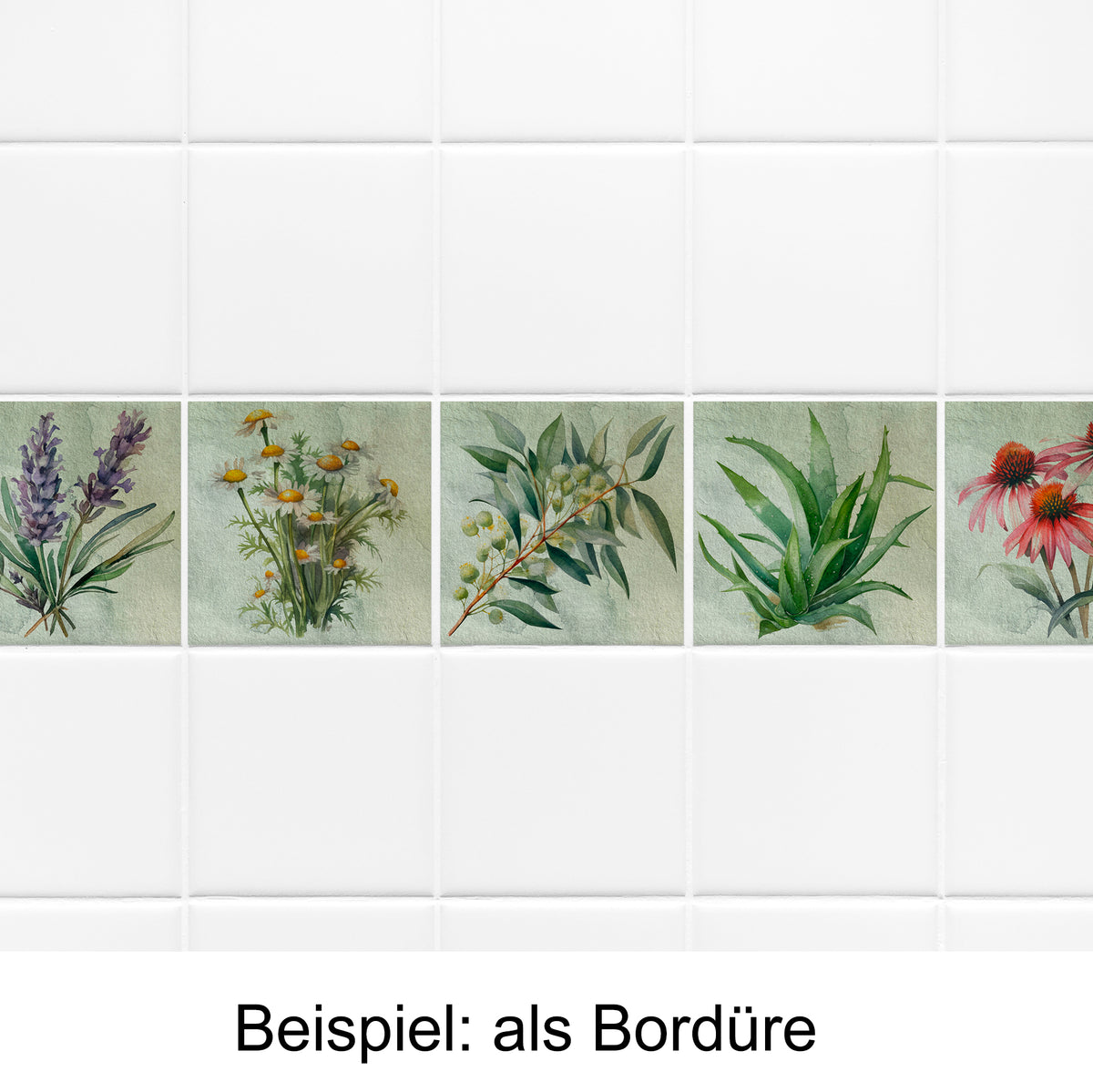 Fliesenbordüre mit bunten Blumenmotiven auf grünem Hintergrund.