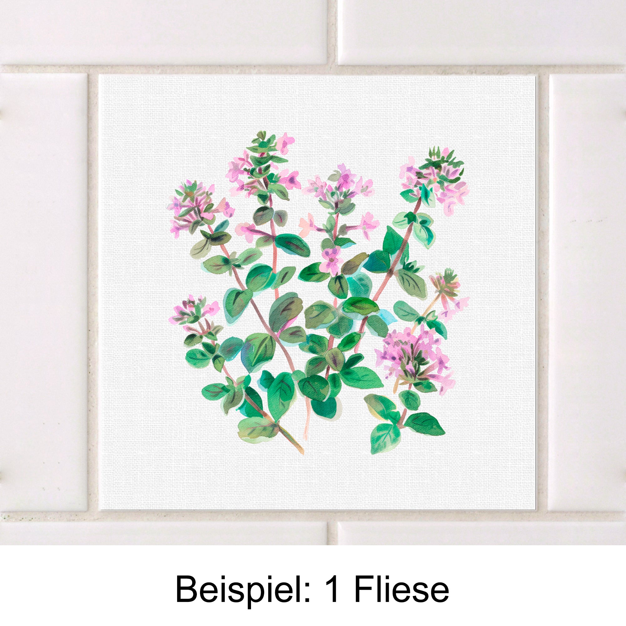 Fliese mit rosa-blühenden Kräutern und grünen Blättern.