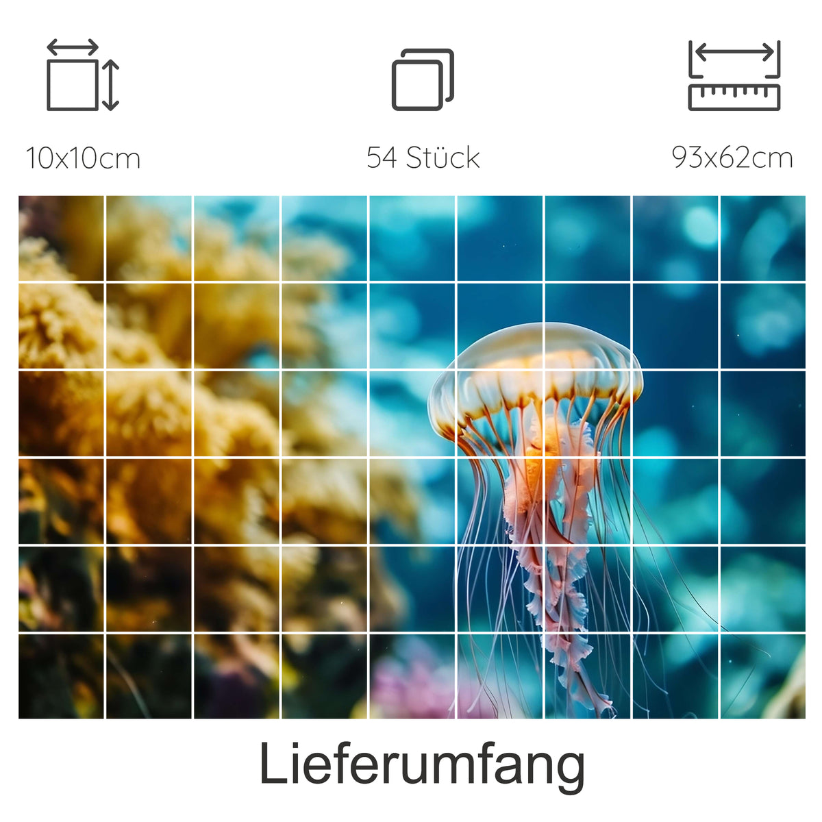 Medusa in Blau mit orangefarbenem Schirm und langen Tentakeln.