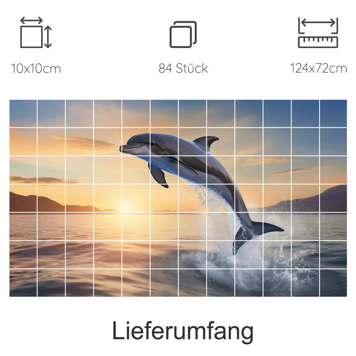 Springender Delfin vor Sonnenuntergang, 84 Teile Puzzle.