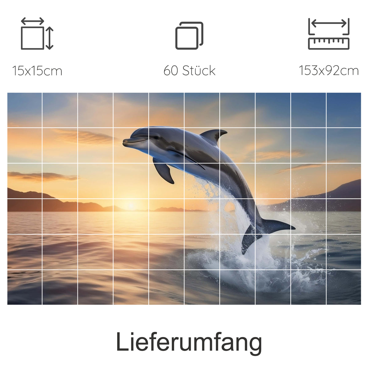 Springender Delfin vor Sonnenuntergang, 60 Teile Puzzle.
