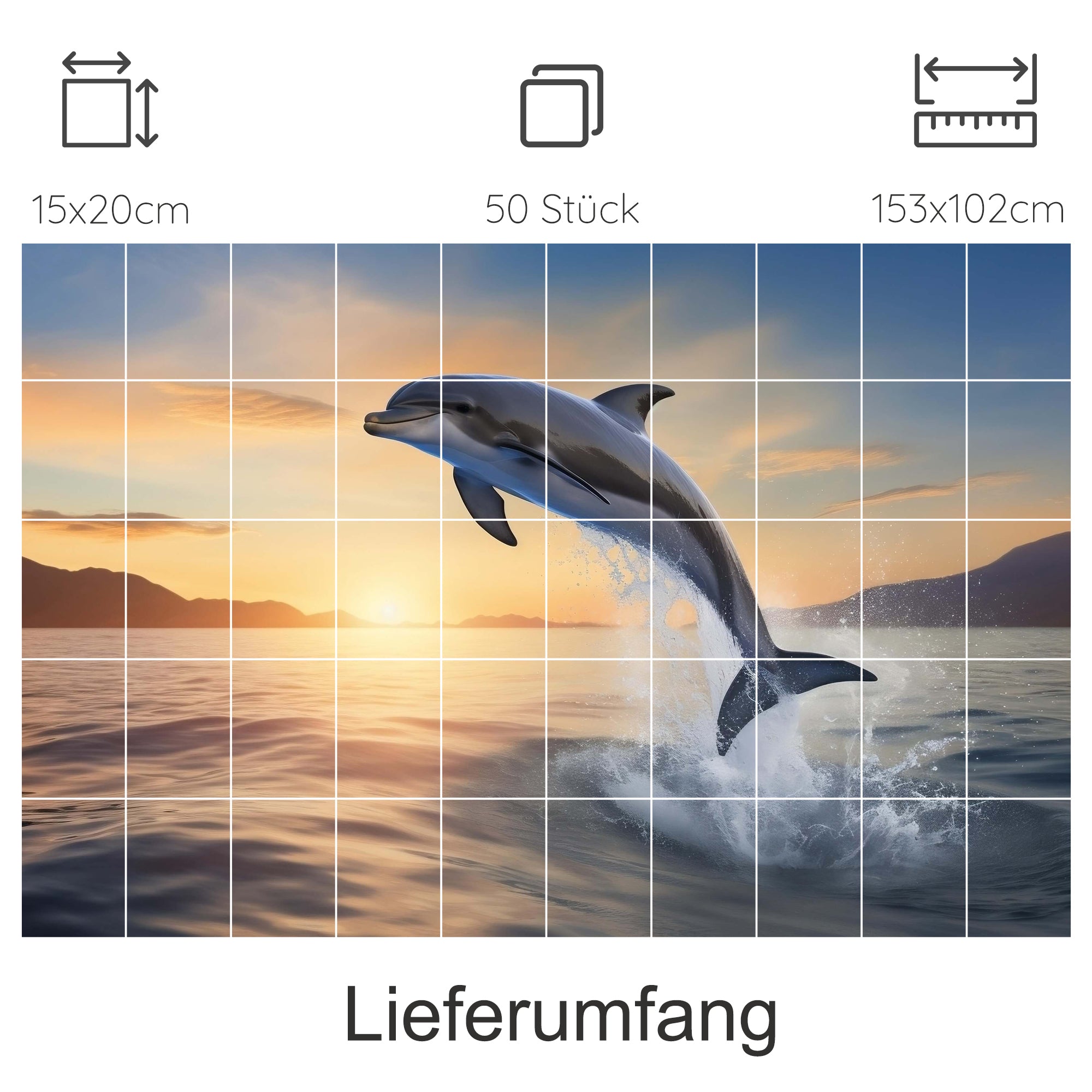 Delfin springt aus Wasser, Sonnenuntergang, 50 Teile.