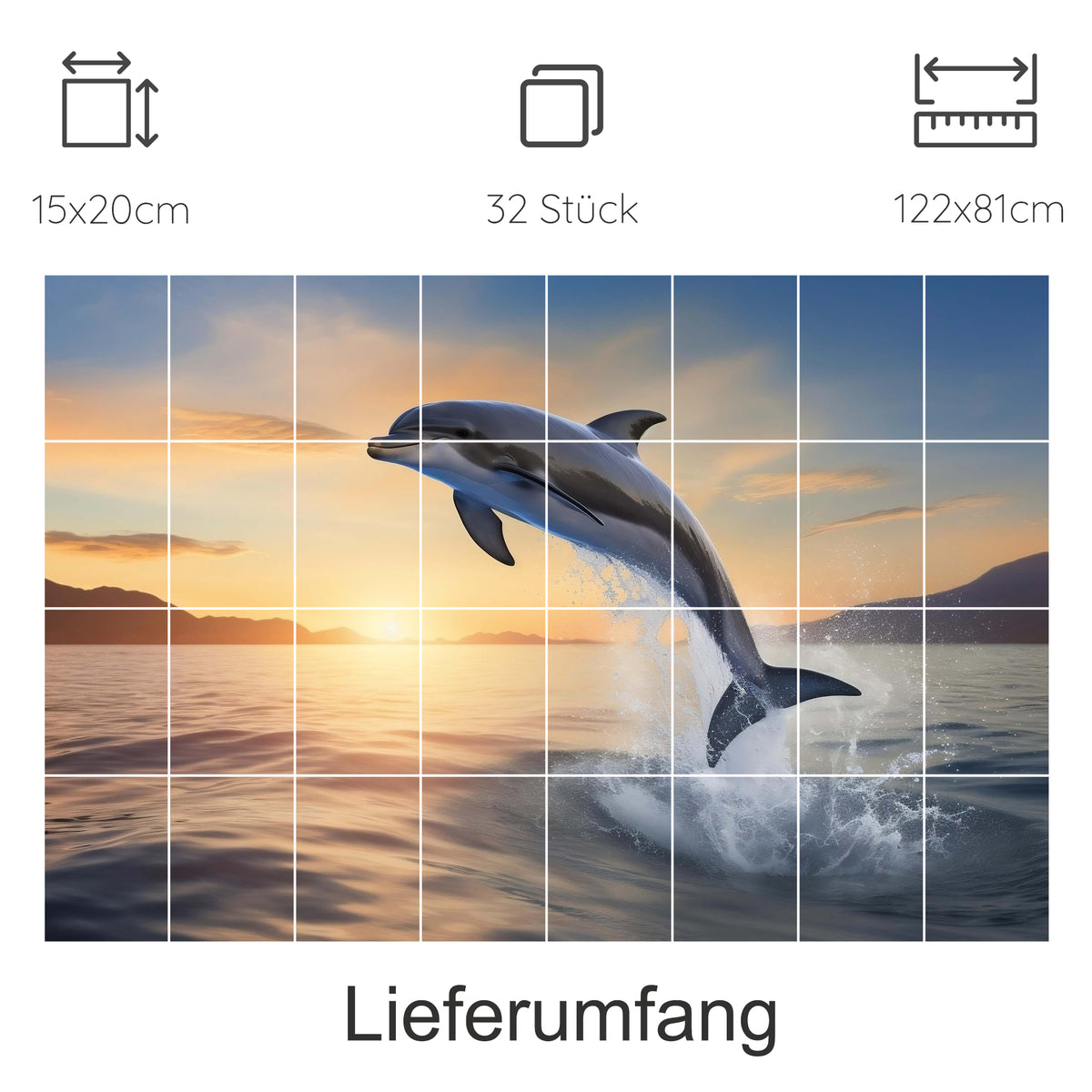 Sprungender Delfin über ruhigem Wasser bei Sonnenuntergang.