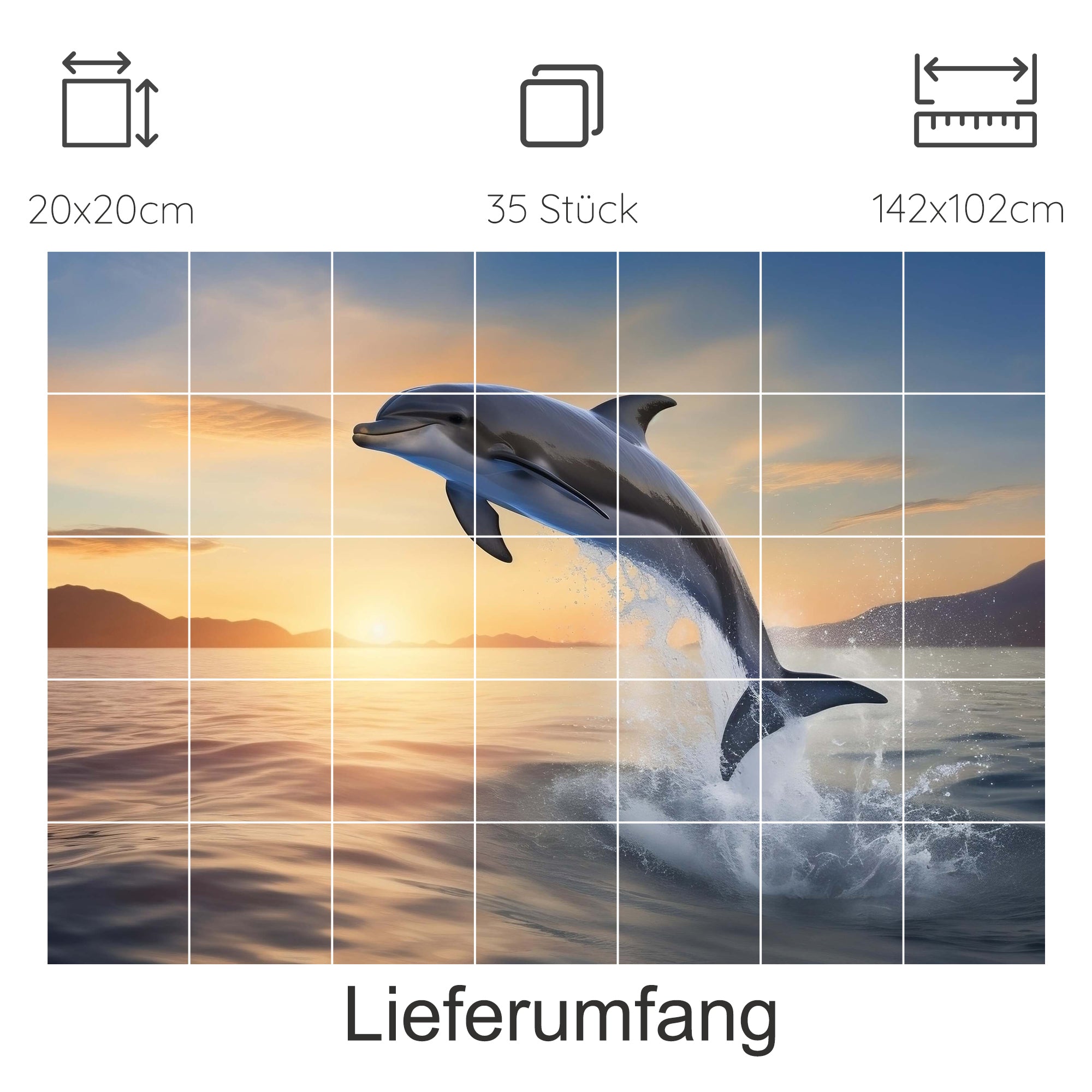 Springender Delfin vor Sonnenuntergang, 35 Teile, 142x102 cm.