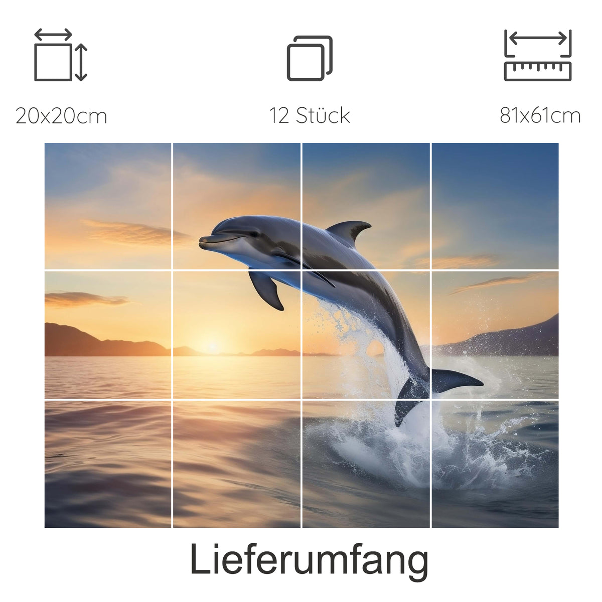 Springender Delfin vor Sonnenuntergang, 12-teiliges Wandbild.