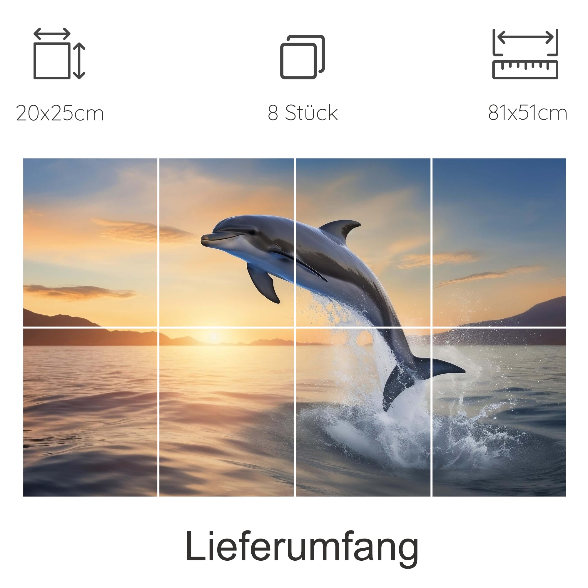Sprungender Delfin vor Sonnenuntergang, 8-teiliges Wandbild.