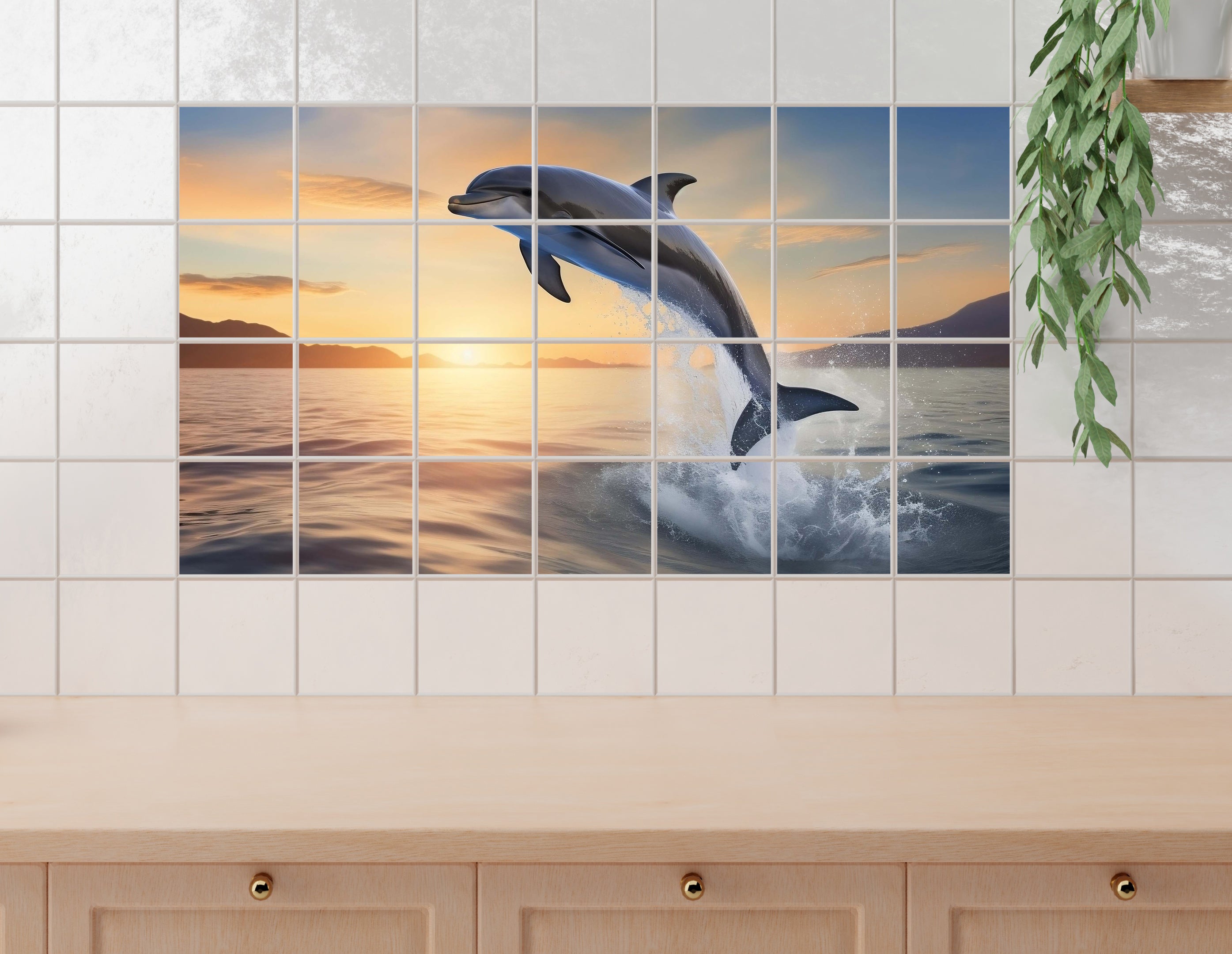Springender Delfin vor Sonnenuntergang im Wasser.