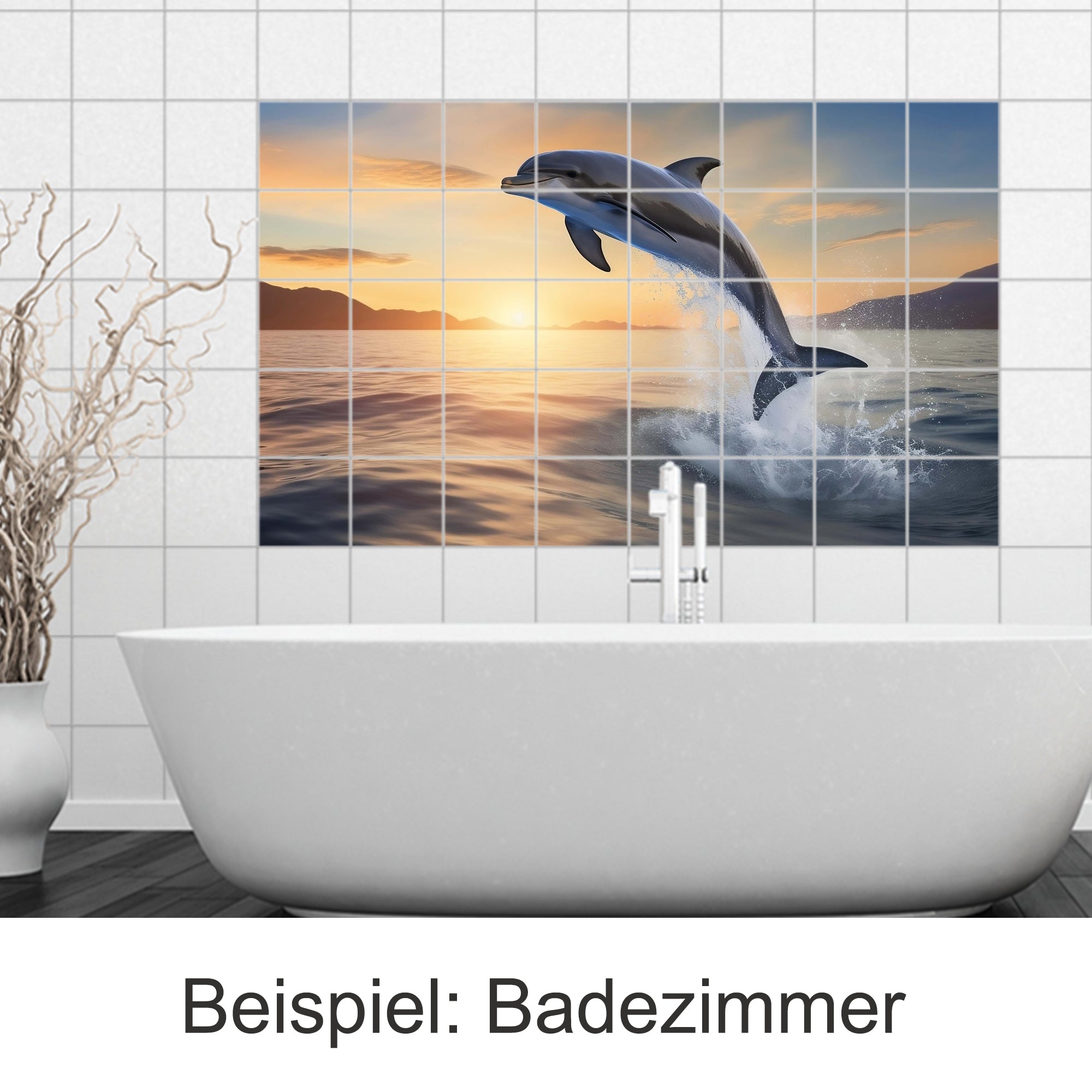 Delfin springt aus Wasser bei Sonnenuntergang, Badezimmer-Dekor.