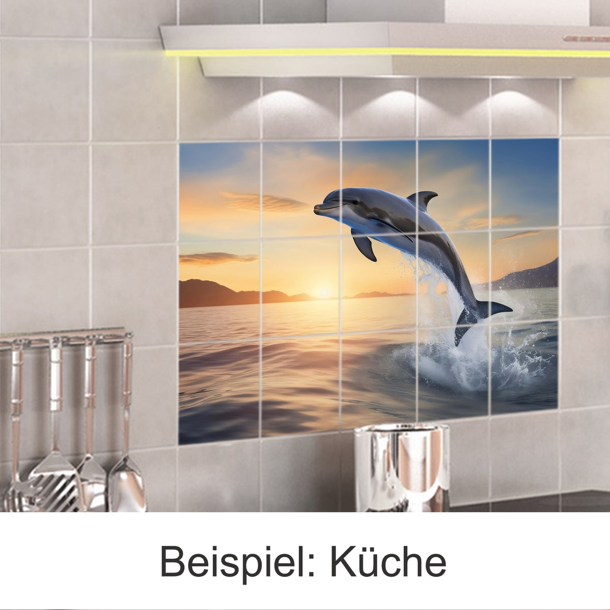 Spritzender Delfin vor Sonnenuntergang, farbenfrohe Wandfliesen.