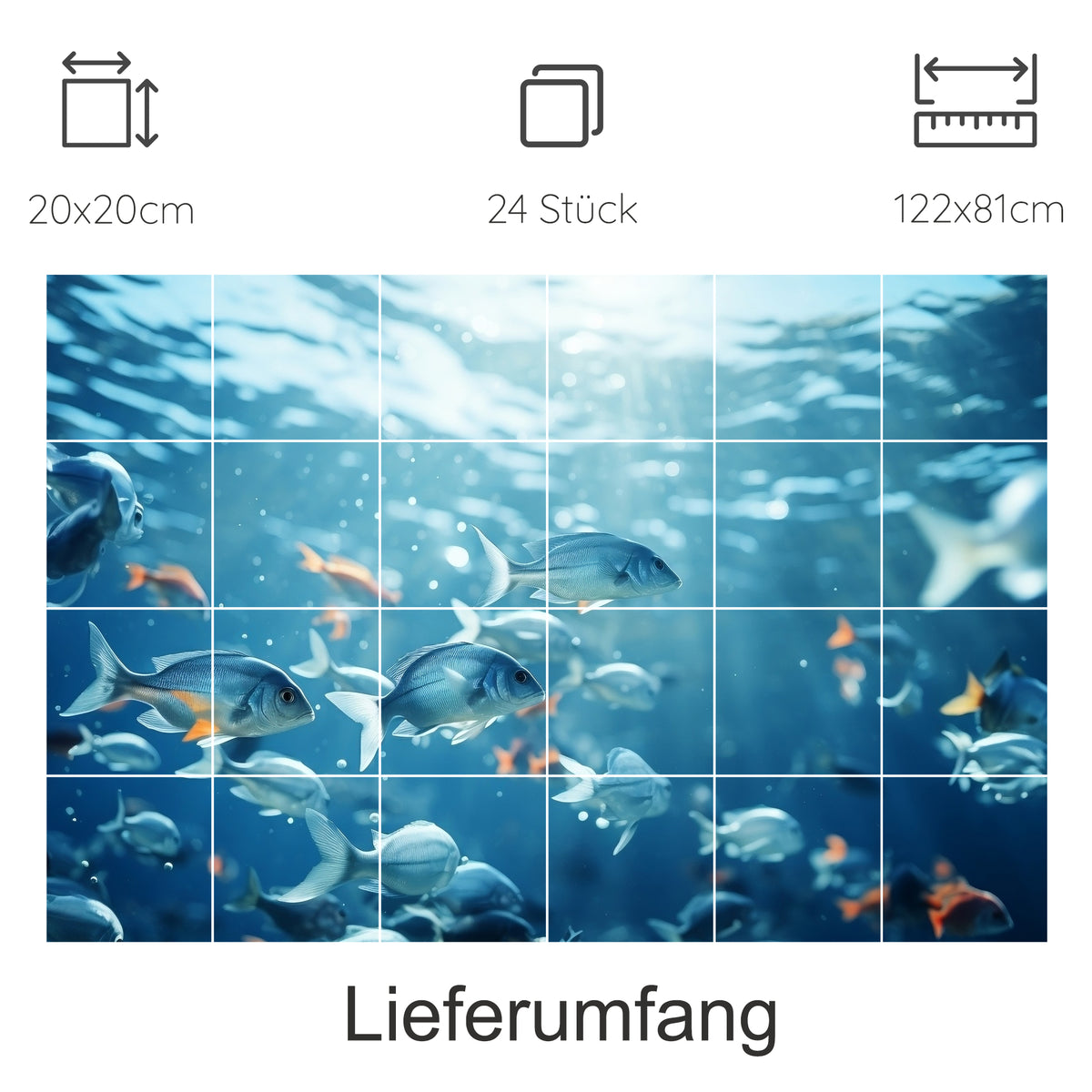 Unterwasserwelt mit Fischen in Blau- und Grautönen.