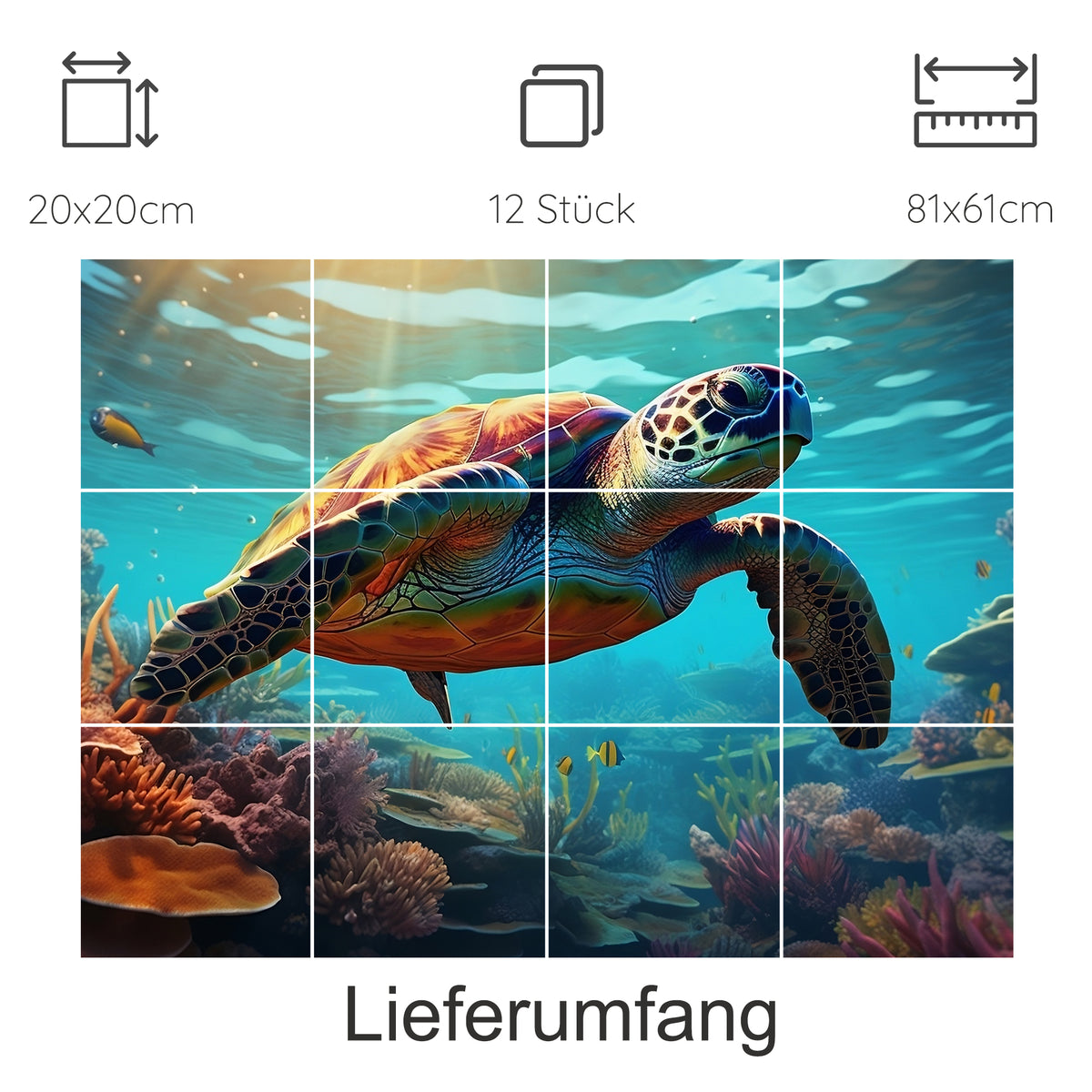 Schildkröte im Wasser, lebendige Farben, Korallenriff.