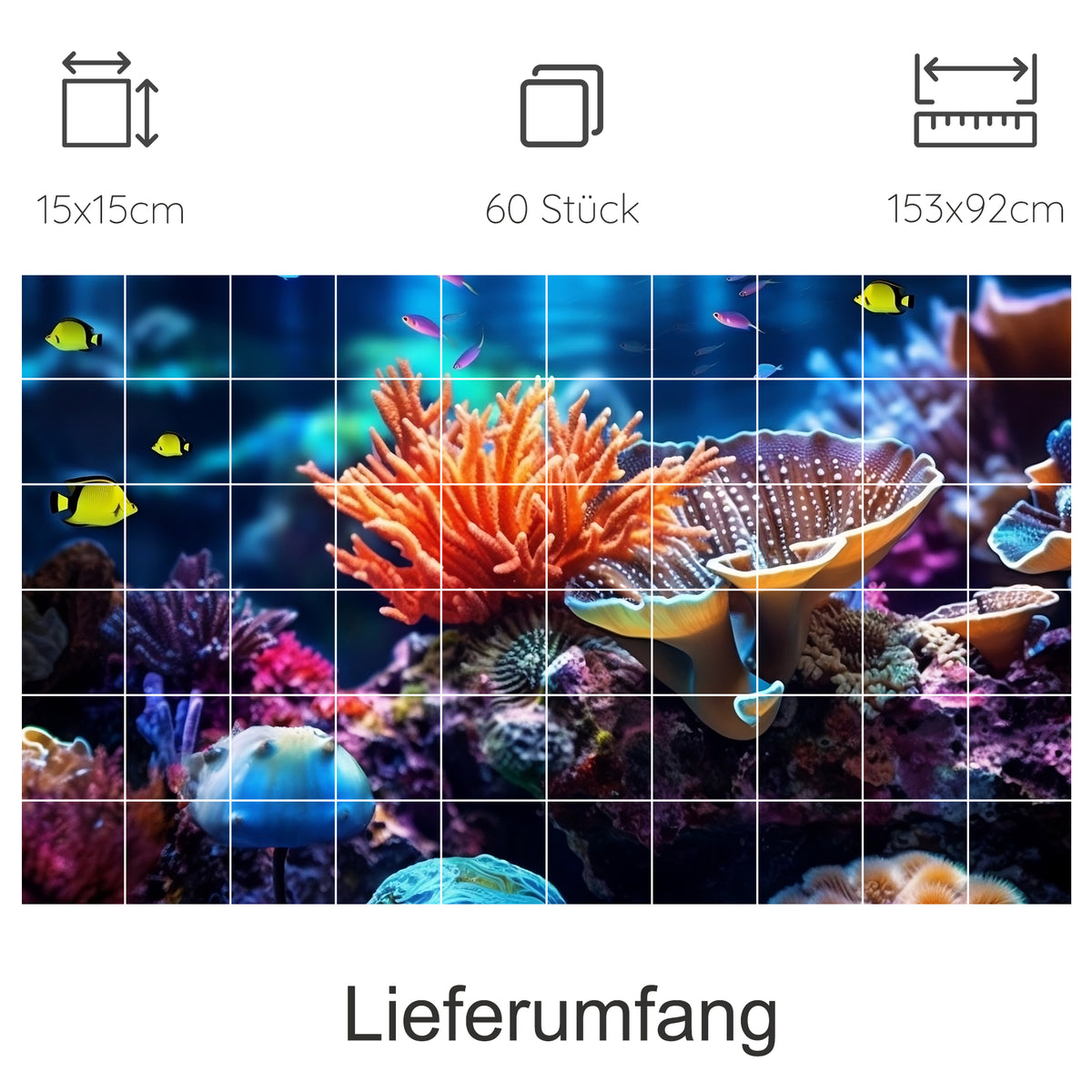 Buntes Unterwasser-Szenario mit Korallen und Fischen.