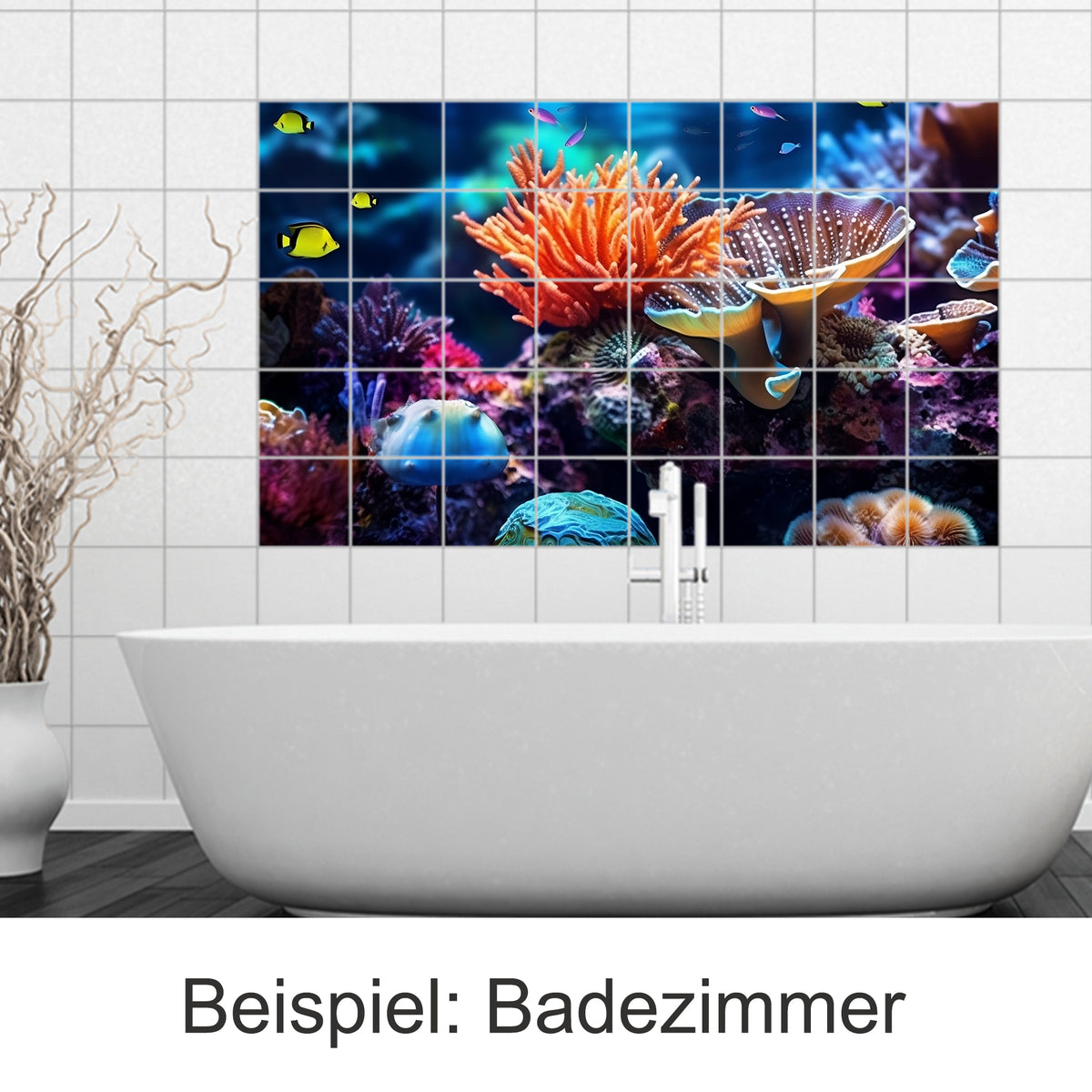 Bunte Korallenlandschaft mit Fischen im Badezimmer.