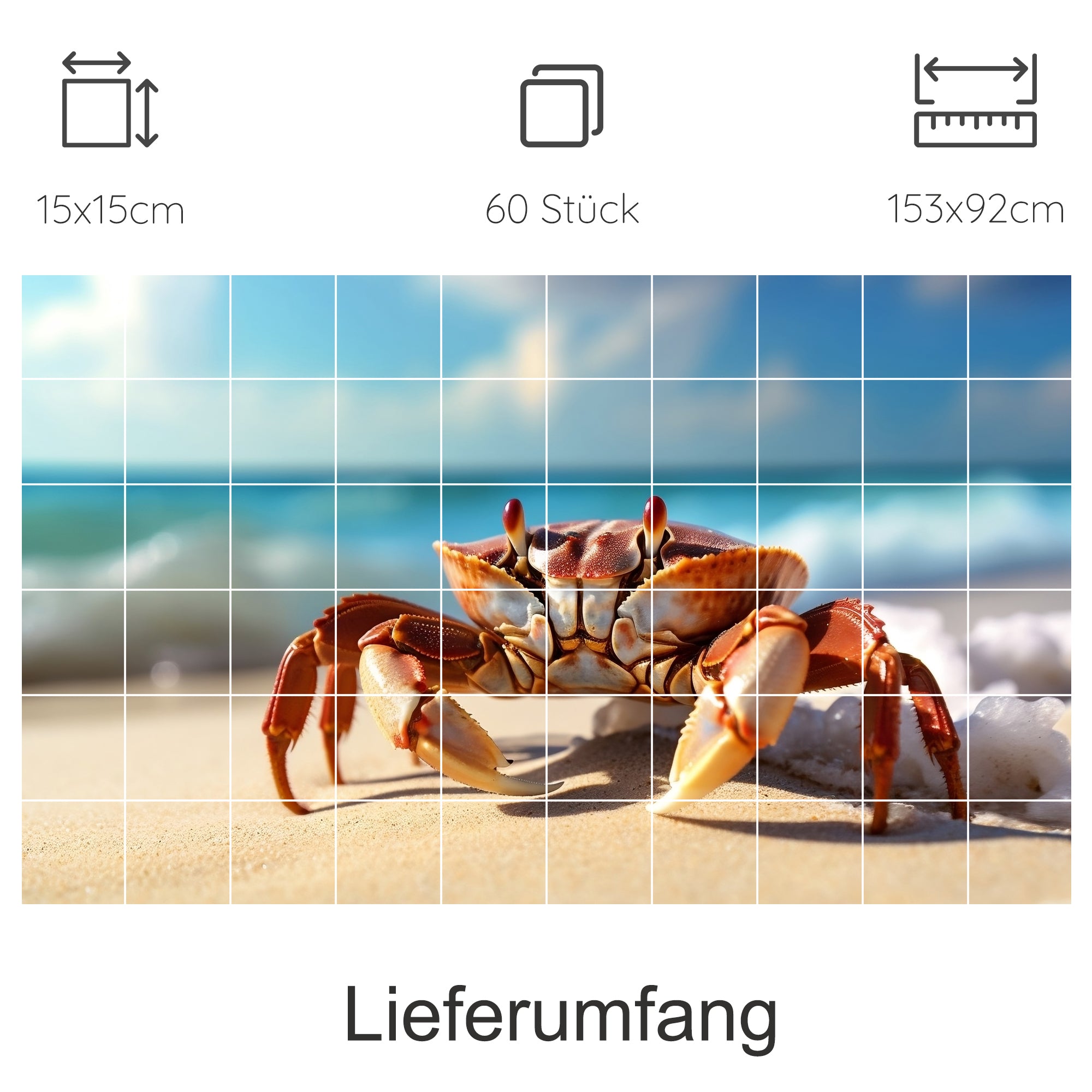 Krebs auf Sandstrand, orangefarben, mit Meer im Hintergrund.