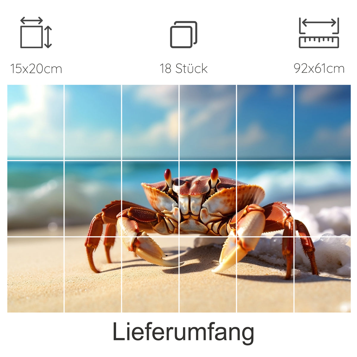 Krabbe am Strand, orange-braun, mit blauem Himmel.