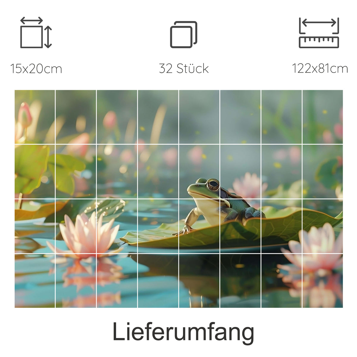 Frosch auf einem Blatt zwischen rosa Seerosen.