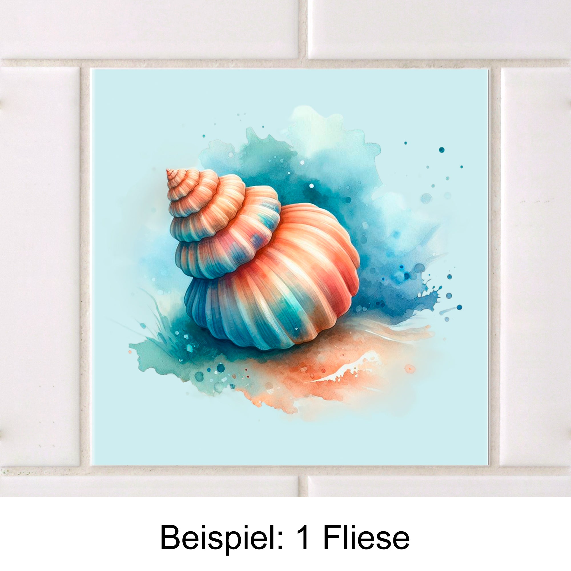 Bunte Muschel mit aquarellierten Farbtönen auf blauem Hintergrund.
