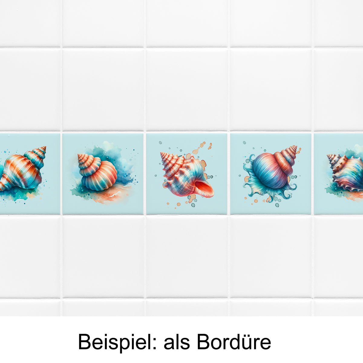 Bunte Muschel-Muster auf hellblauem Hintergrund als Bordüre.