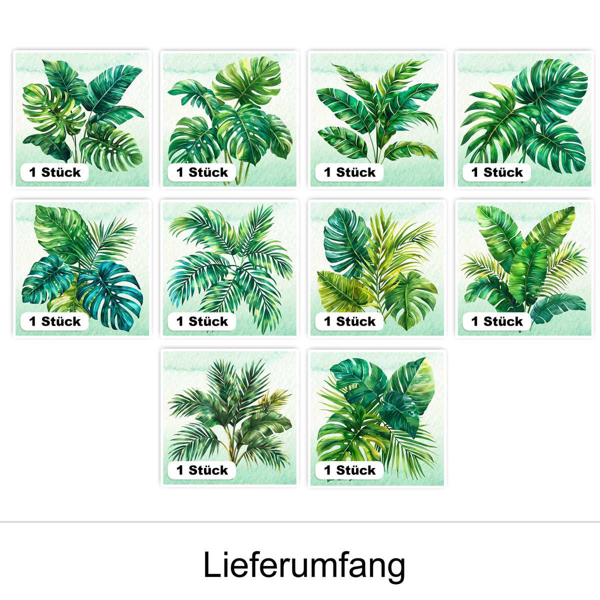 Zehn verschiedene grüne Pflanzenillustrationen auf Aquarellhintergrund.