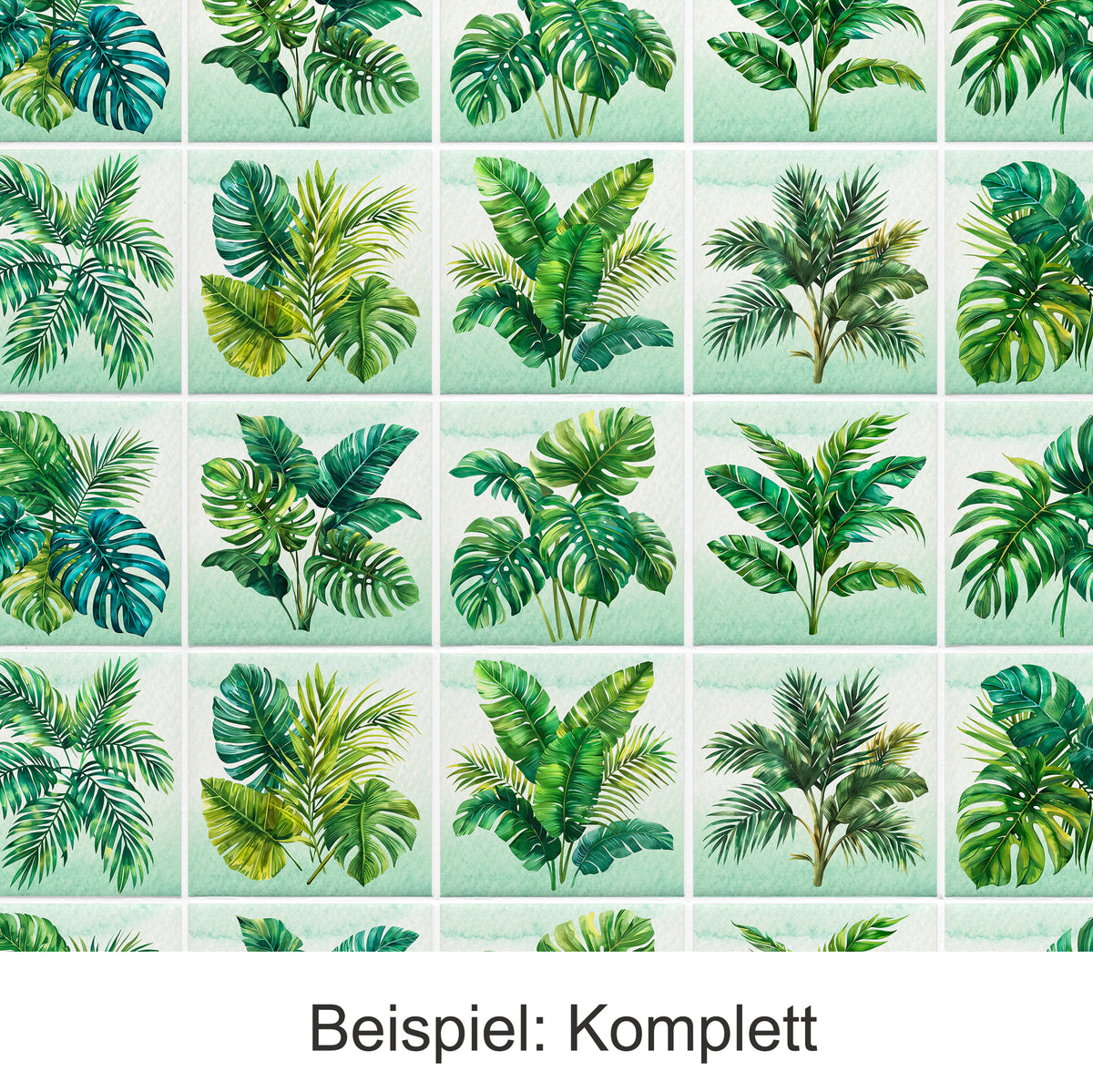 Grünes Pflanzenmuster mit verschiedenen Blattarten und Texturen.