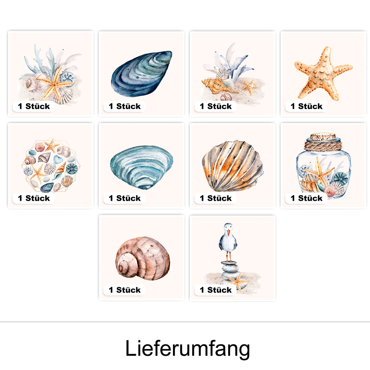 Meeresmotive: Muscheln, Seestern, Glasbehälter, Aquarellfarben.