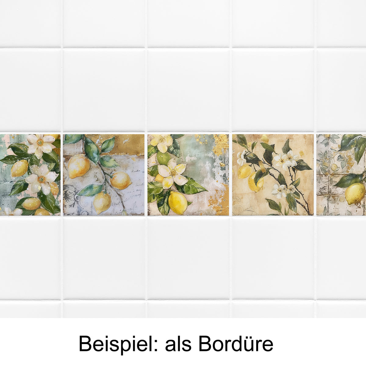 Gelbe Zitronen und Blumen auf Fliesenbordüre.