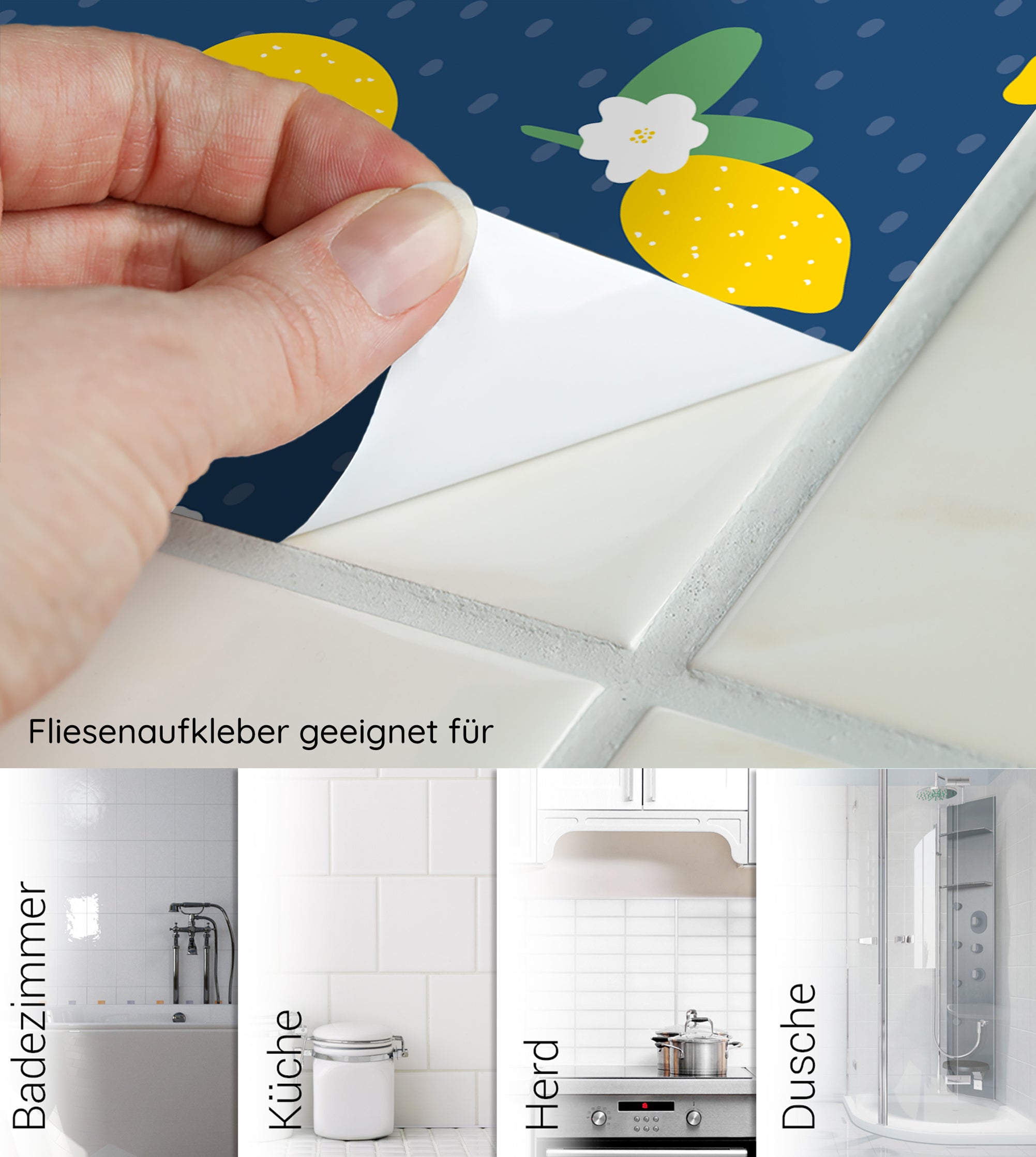 Fliesenaufkleber mit gelben Zitronen auf blauem Hintergrund.