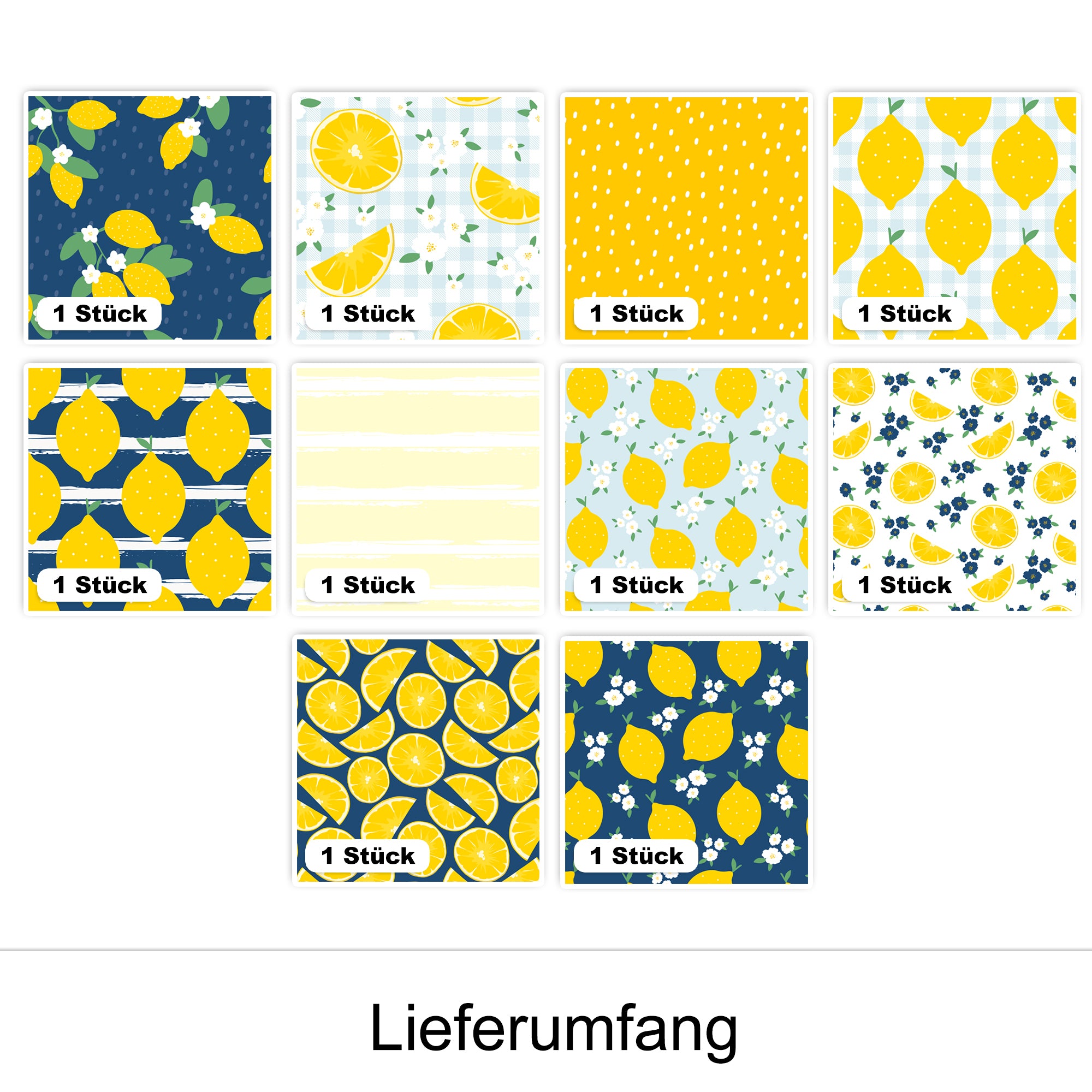 Muster mit Zitronen in Gelb und Blau.