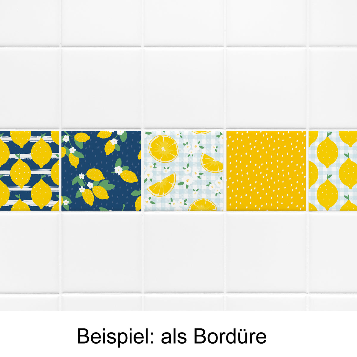 Bunte Fliesenbordüre mit Zitronenmotiven in Gelb und Blau.