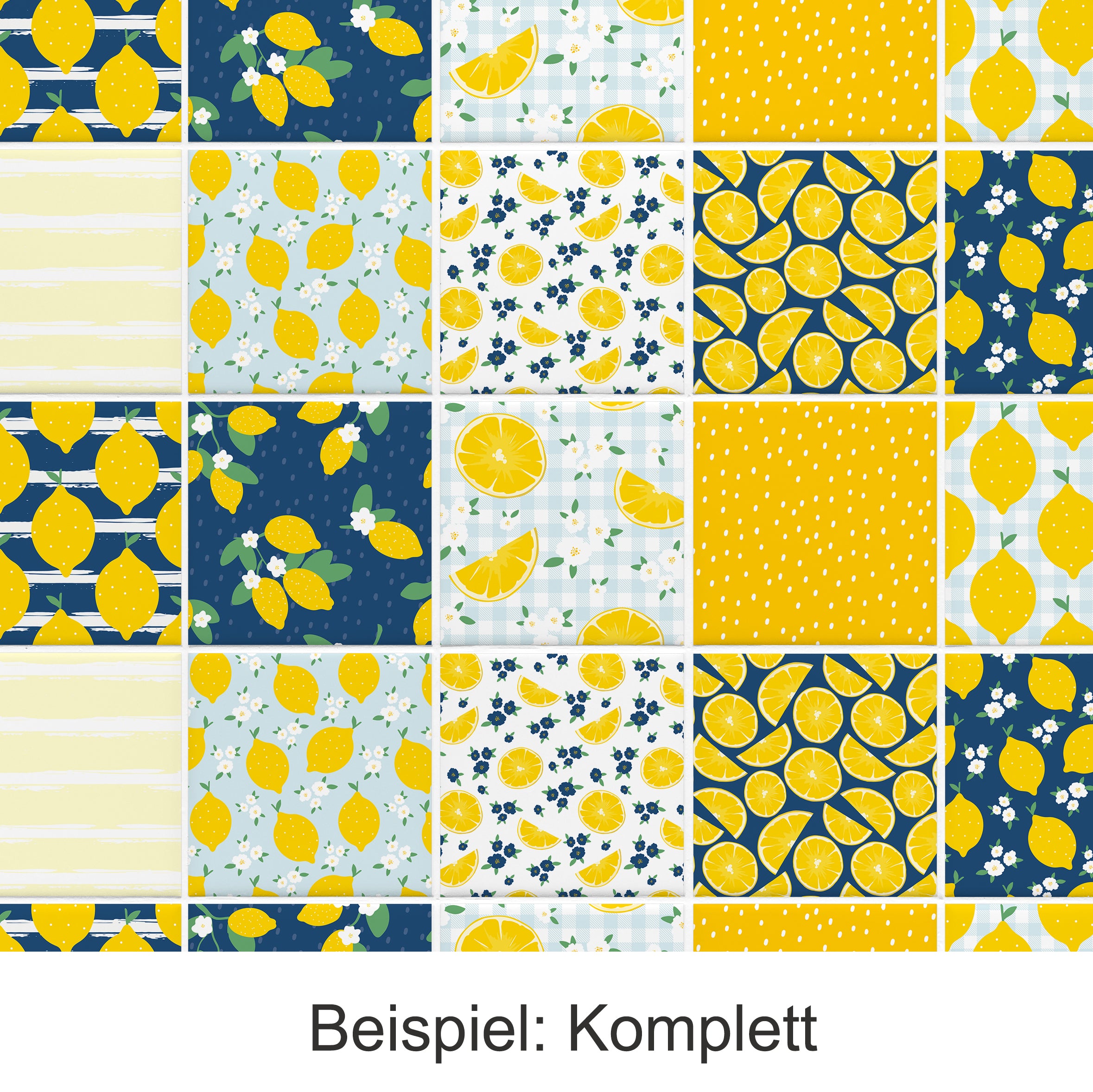 Muster mit Zitronen in Gelb und Blau.