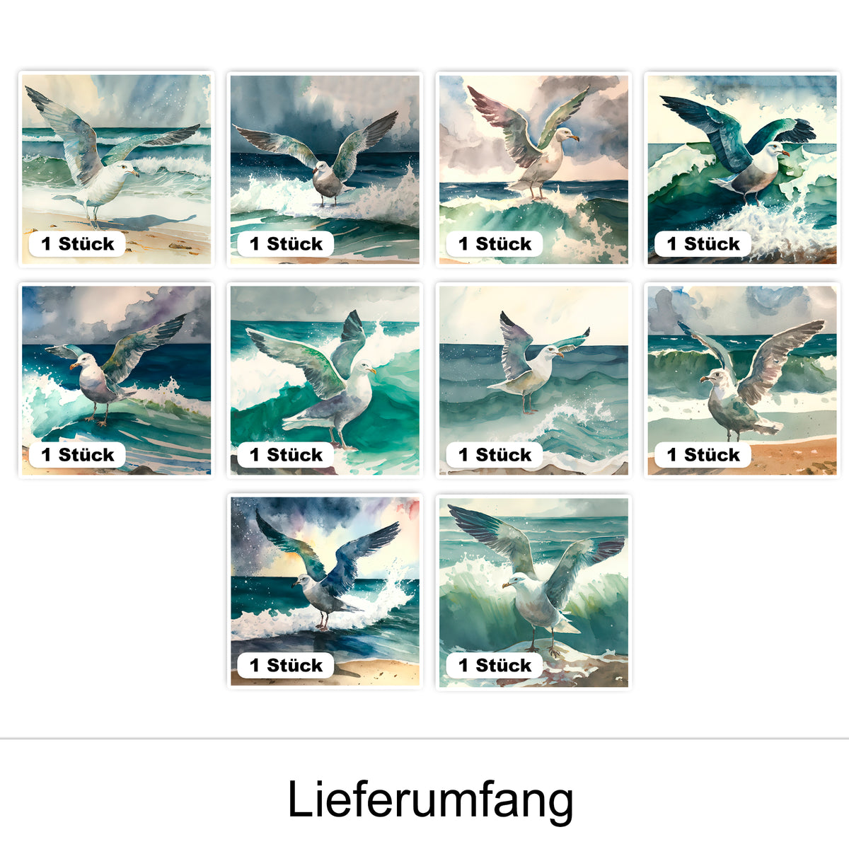 Möwen in verschiedenen Posen am Meer, aquarellartige Farben.