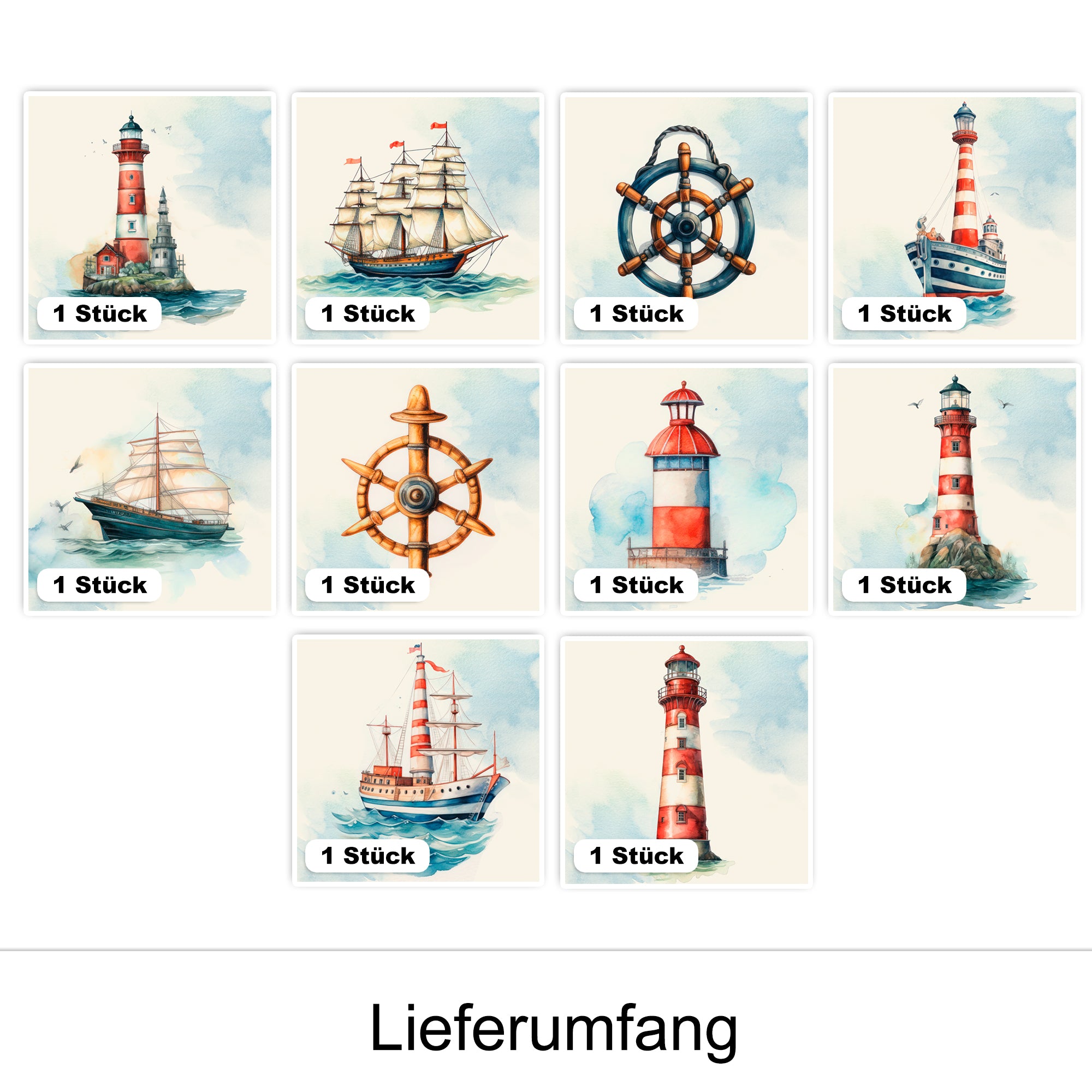 Lighthouse und Schiffe in sanften Blau- und Rottönen.