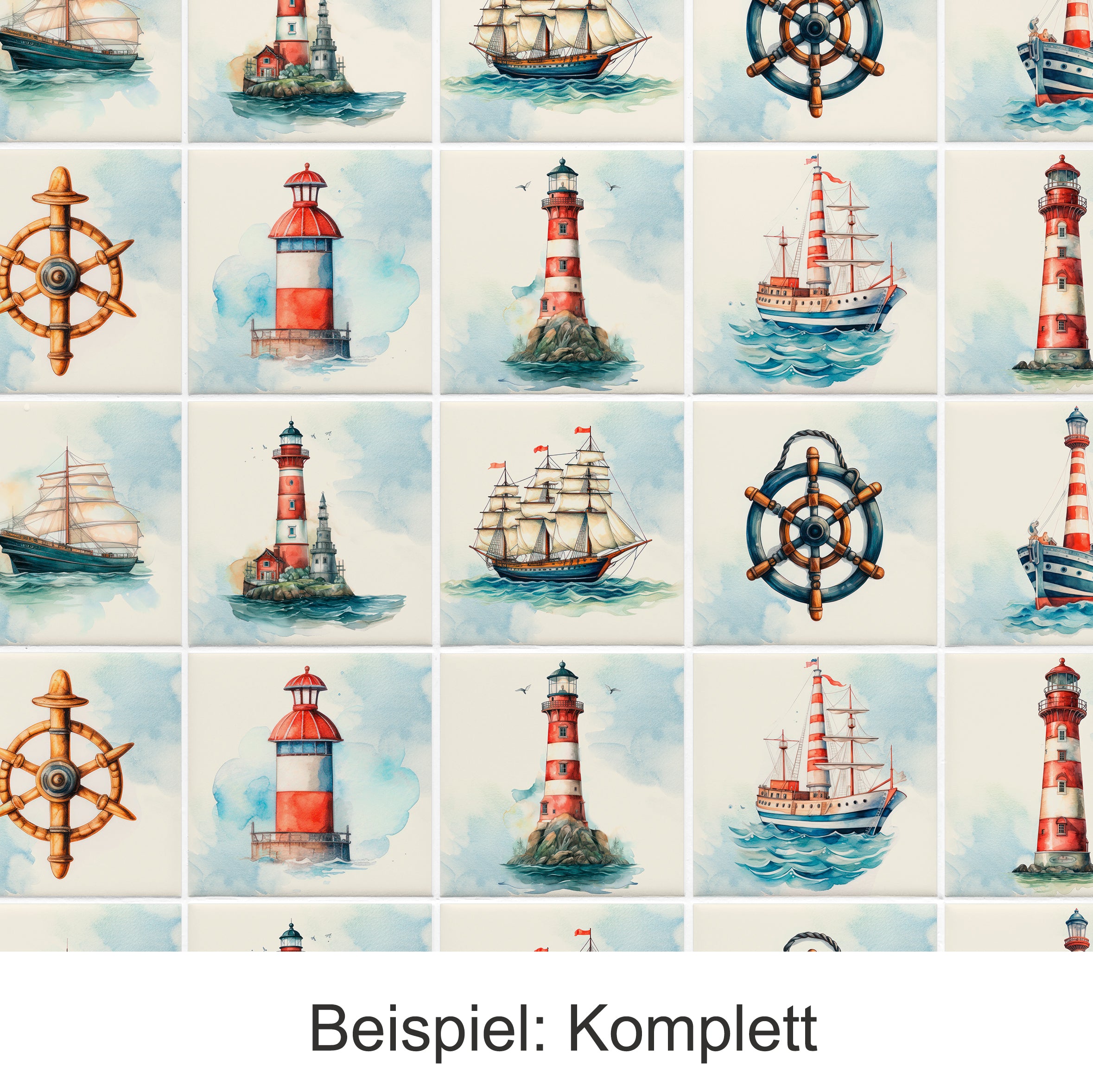 Maritime Motive mit roten Leuchttürmen und Schiffen.