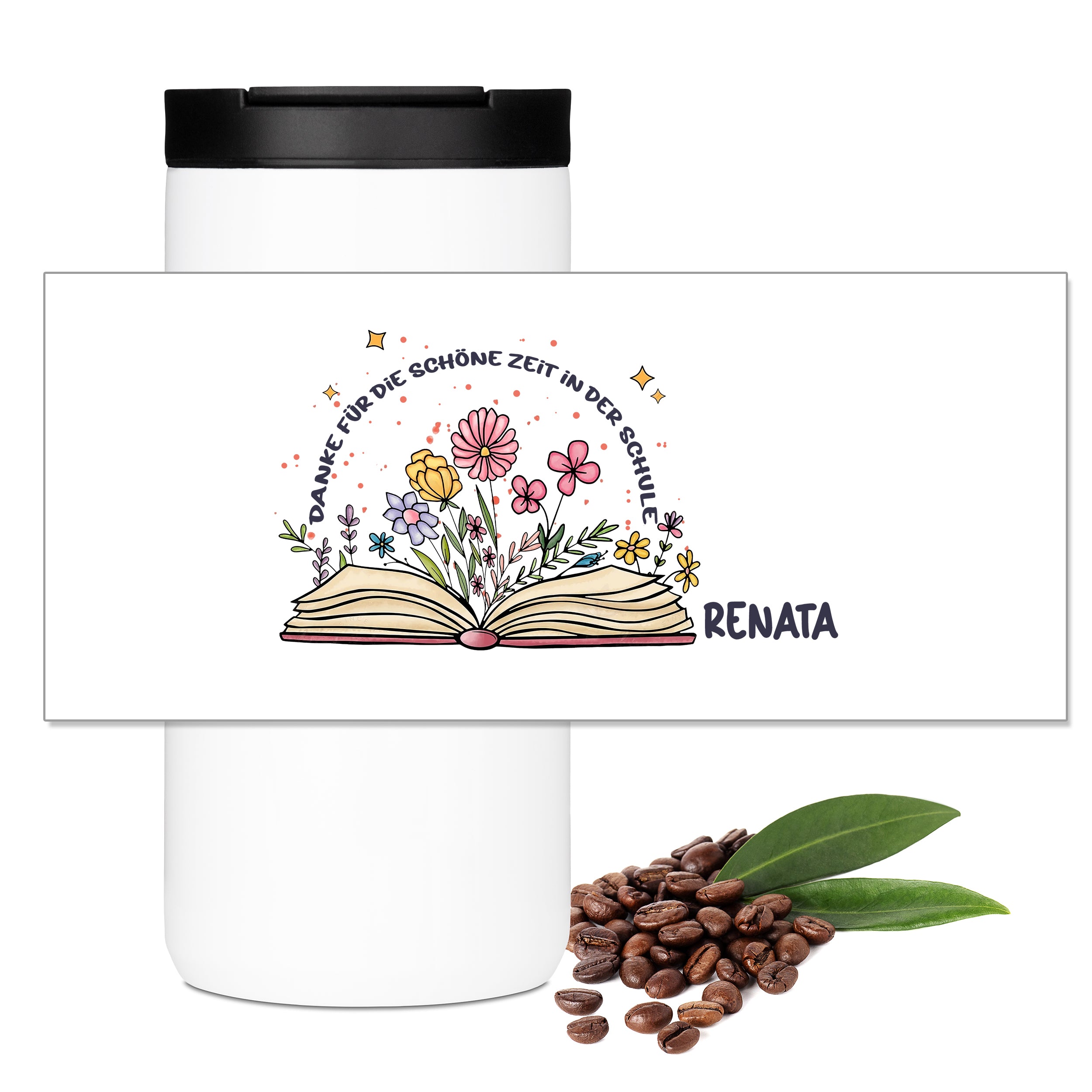 Motivübersicht zum Thermo-Kaffeebecher für Lehrer mit Buch und Blumen