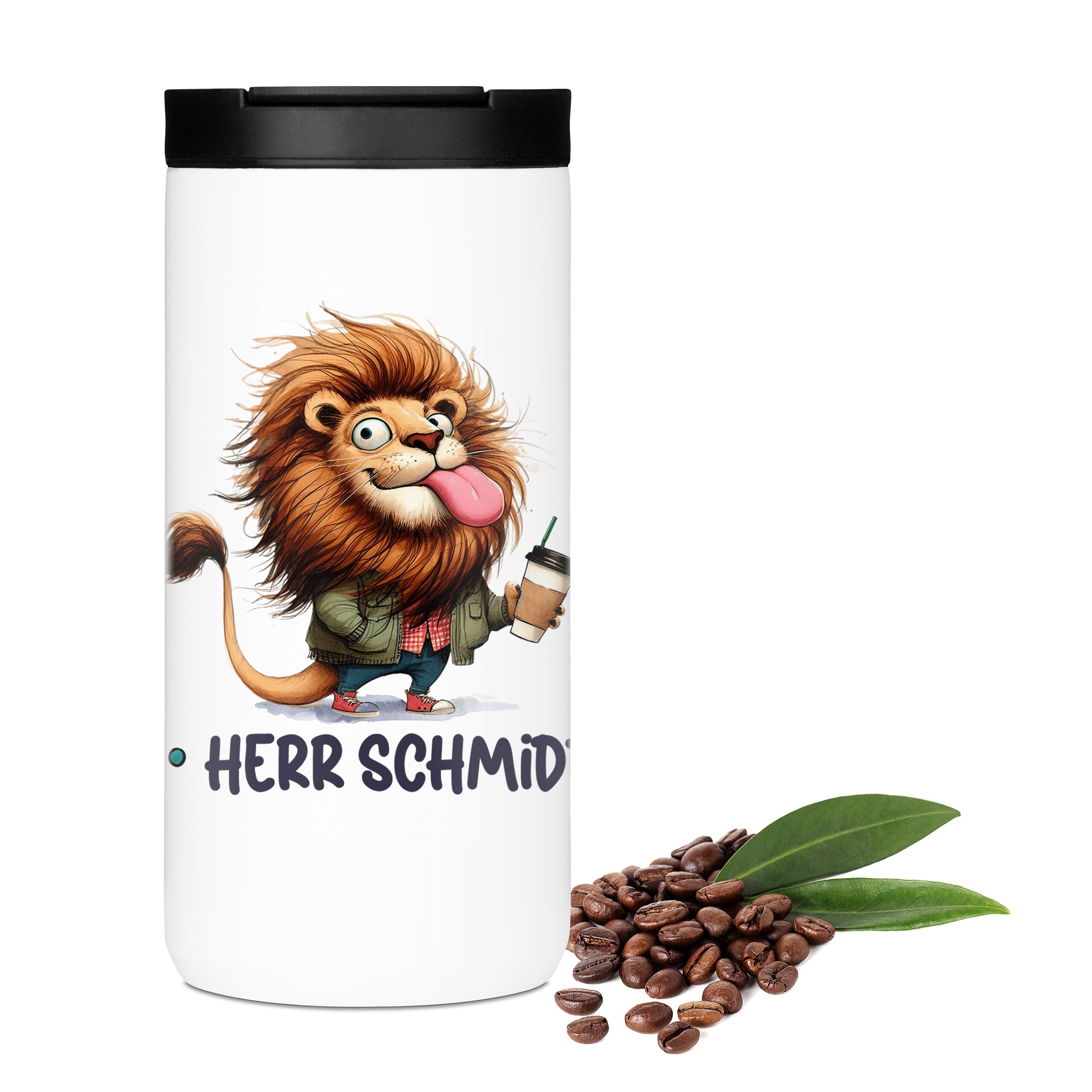 Thermo-Kaffeebecher für Lehrer mit Löwe, Krokodil und Wunschname