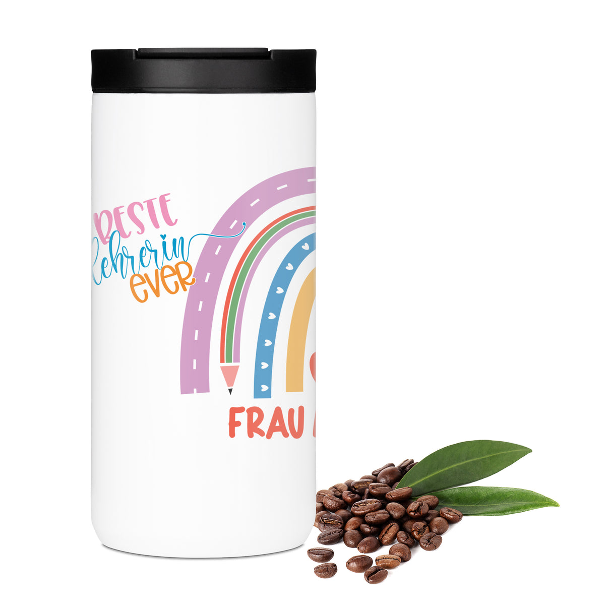 Thermo-Kaffeebecher für Lehrerin mit Regenbogen und Wunschname