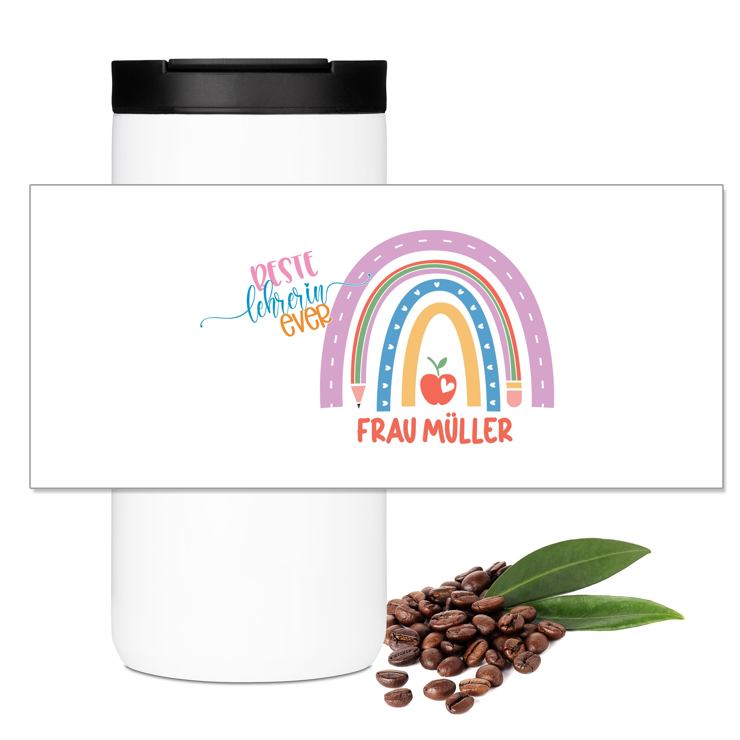 Motivübersicht zum Thermo-Kaffeebecher für Lehrerin mit Regenbogen