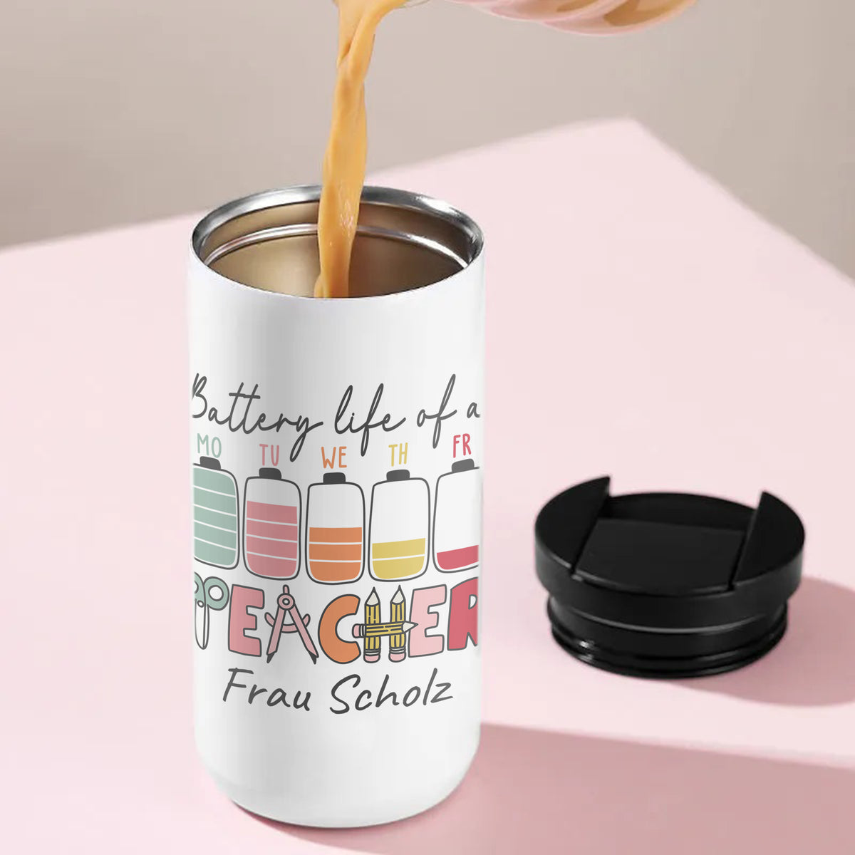 Thermo-Kaffeebecher für Englischlehrerin mit Schulmotiven beim Befüllen
