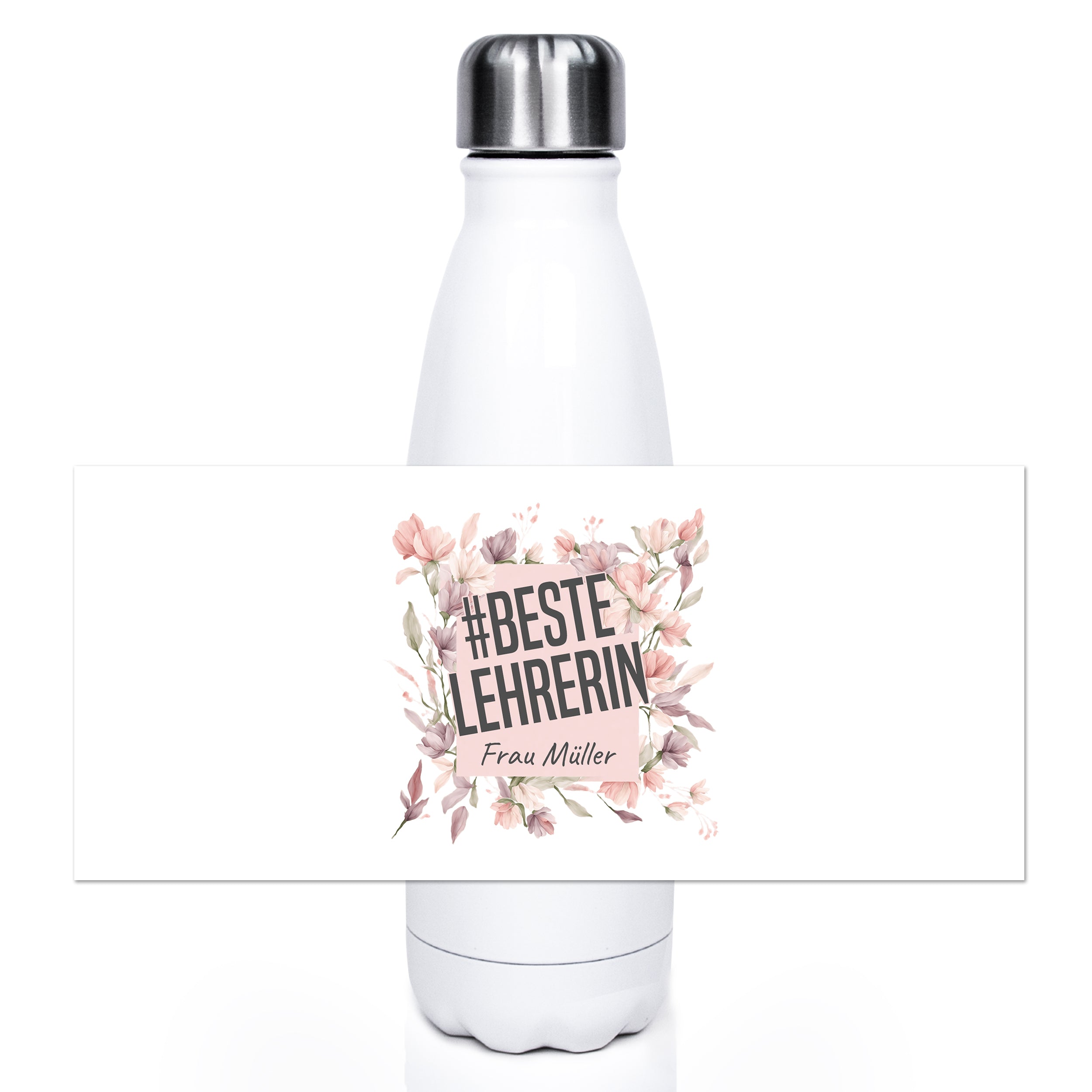 Weiße Edelstahl-Trinkflasche mit floralem #BESTELEHRERIN-Design.