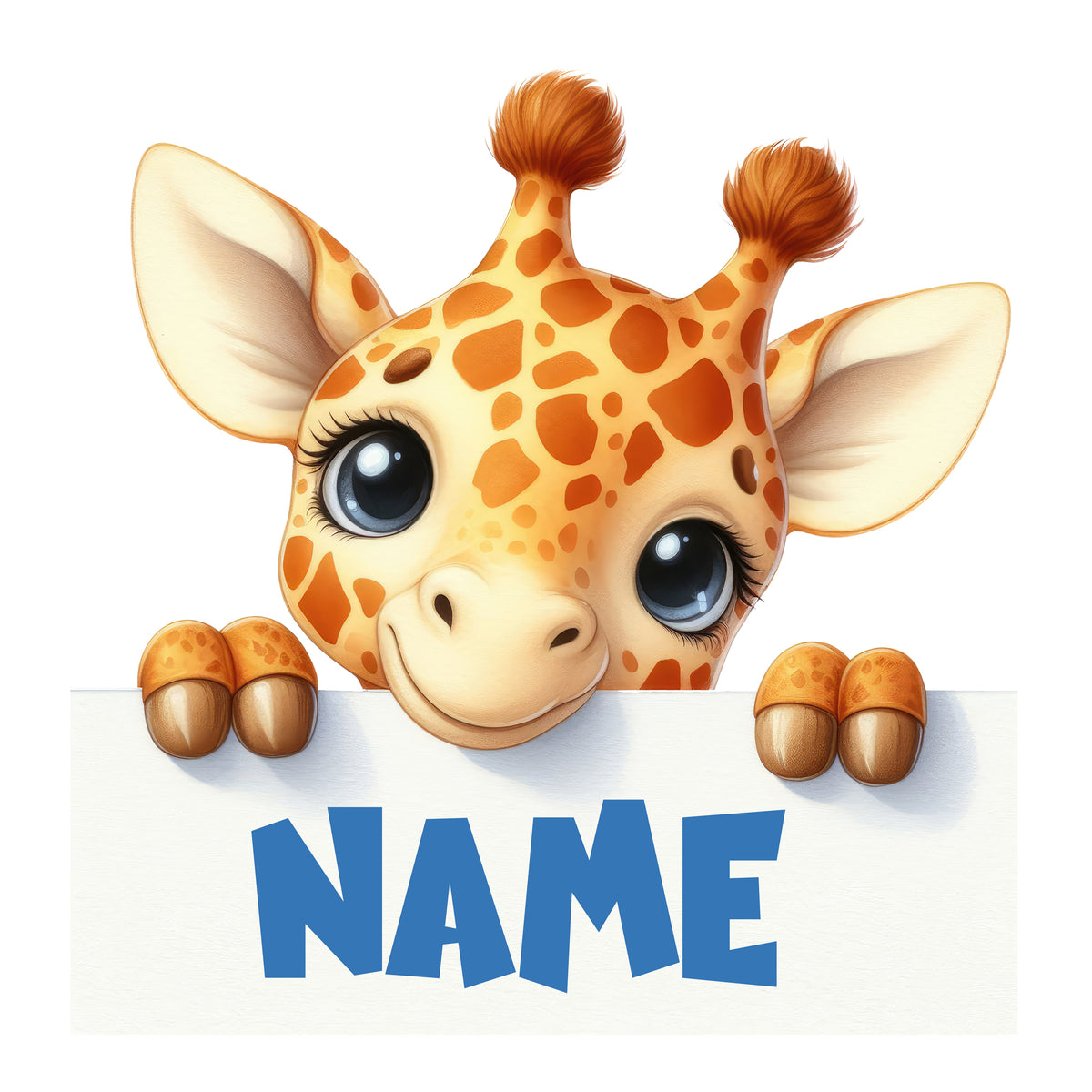 Niedliche Giraffe mit großen Augen hält ein Schild.